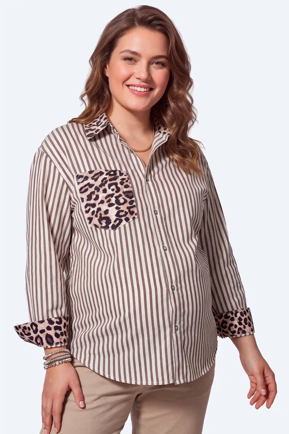 Leopard Patchwork Striped Maternity Button-Down Shirt