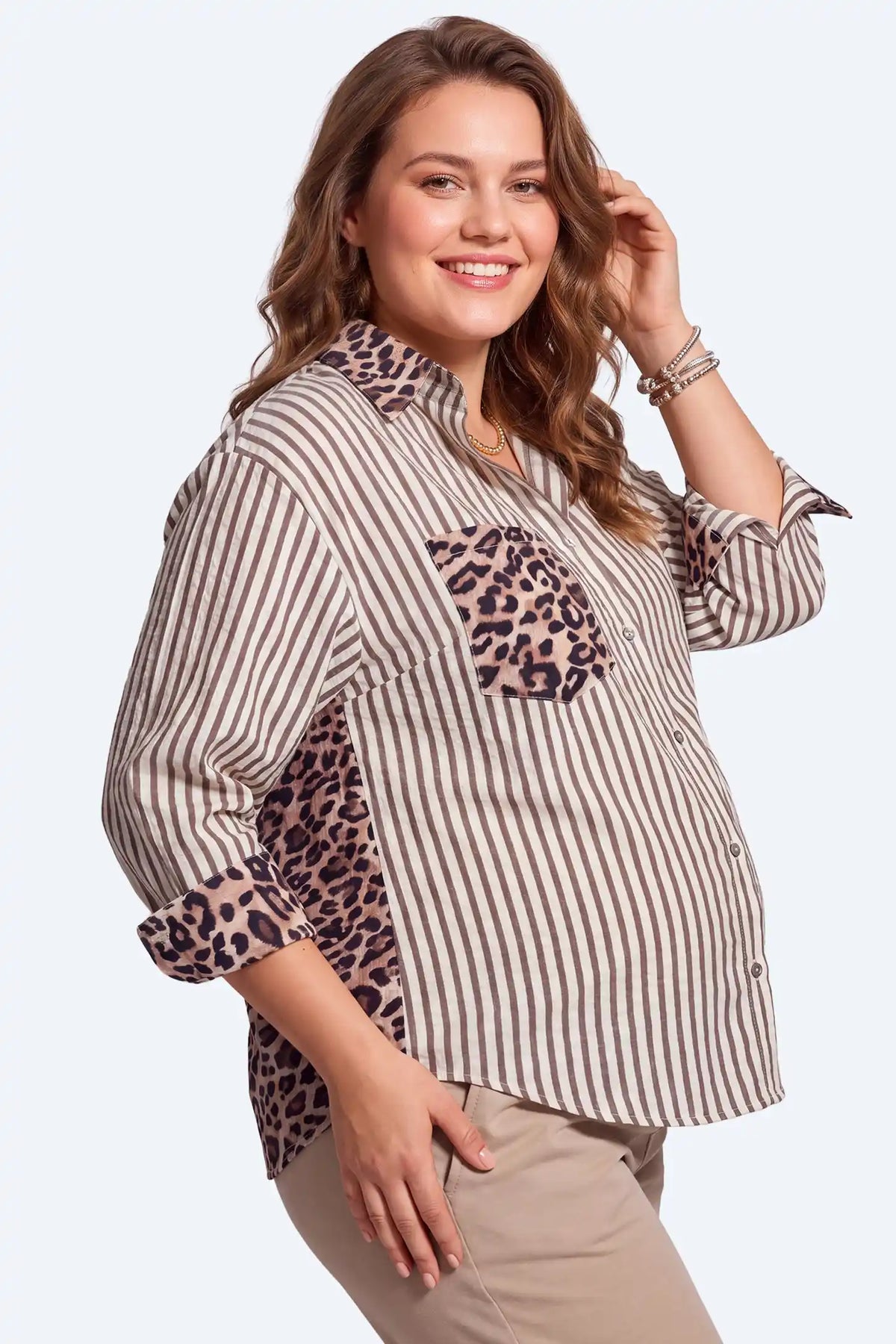 Leopard Patchwork Striped Maternity Button-Down Shirt
