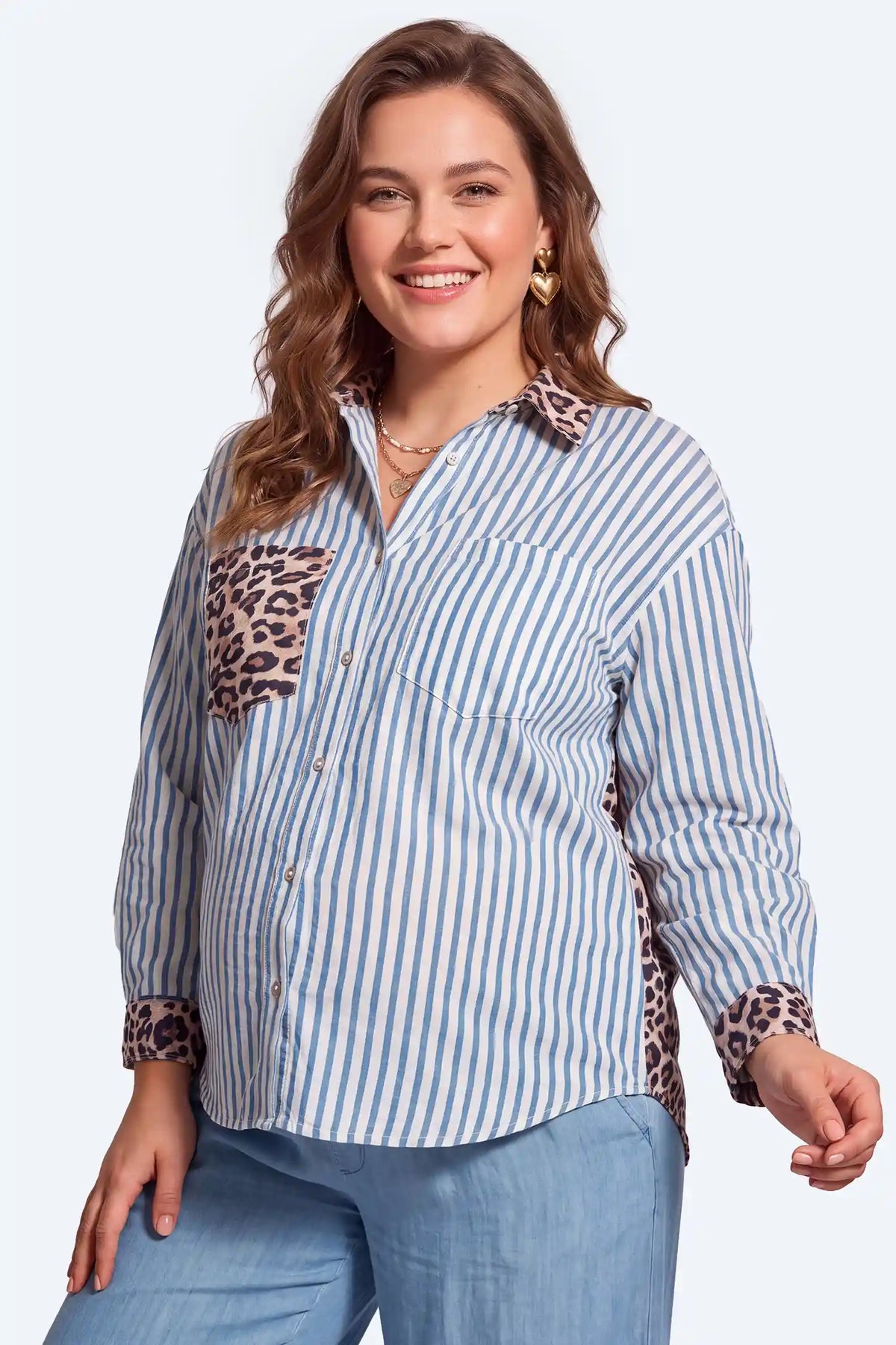 Leopard Patchwork Striped Maternity Button-Down Shirt