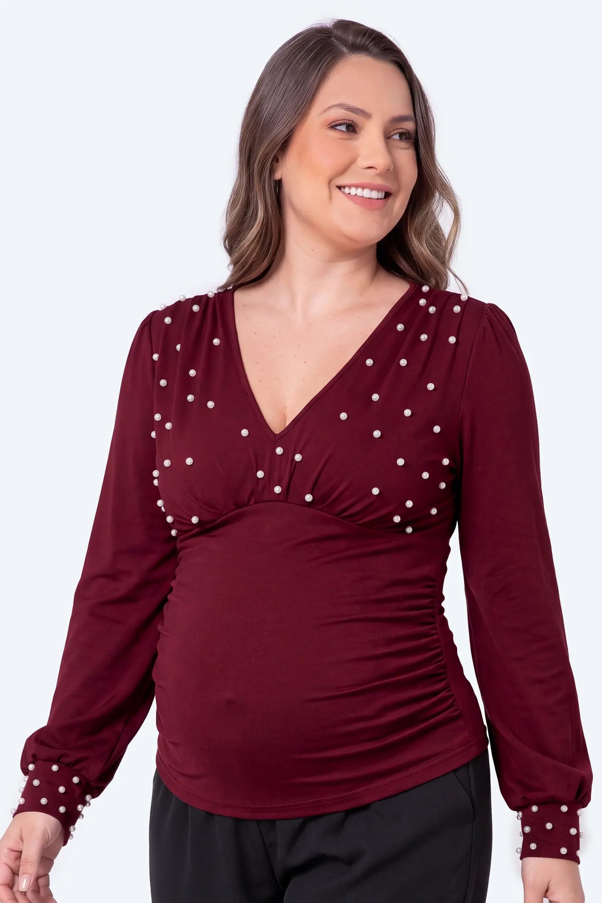 Maternity Pearl Beaded V-Neck Long Sleeve Top