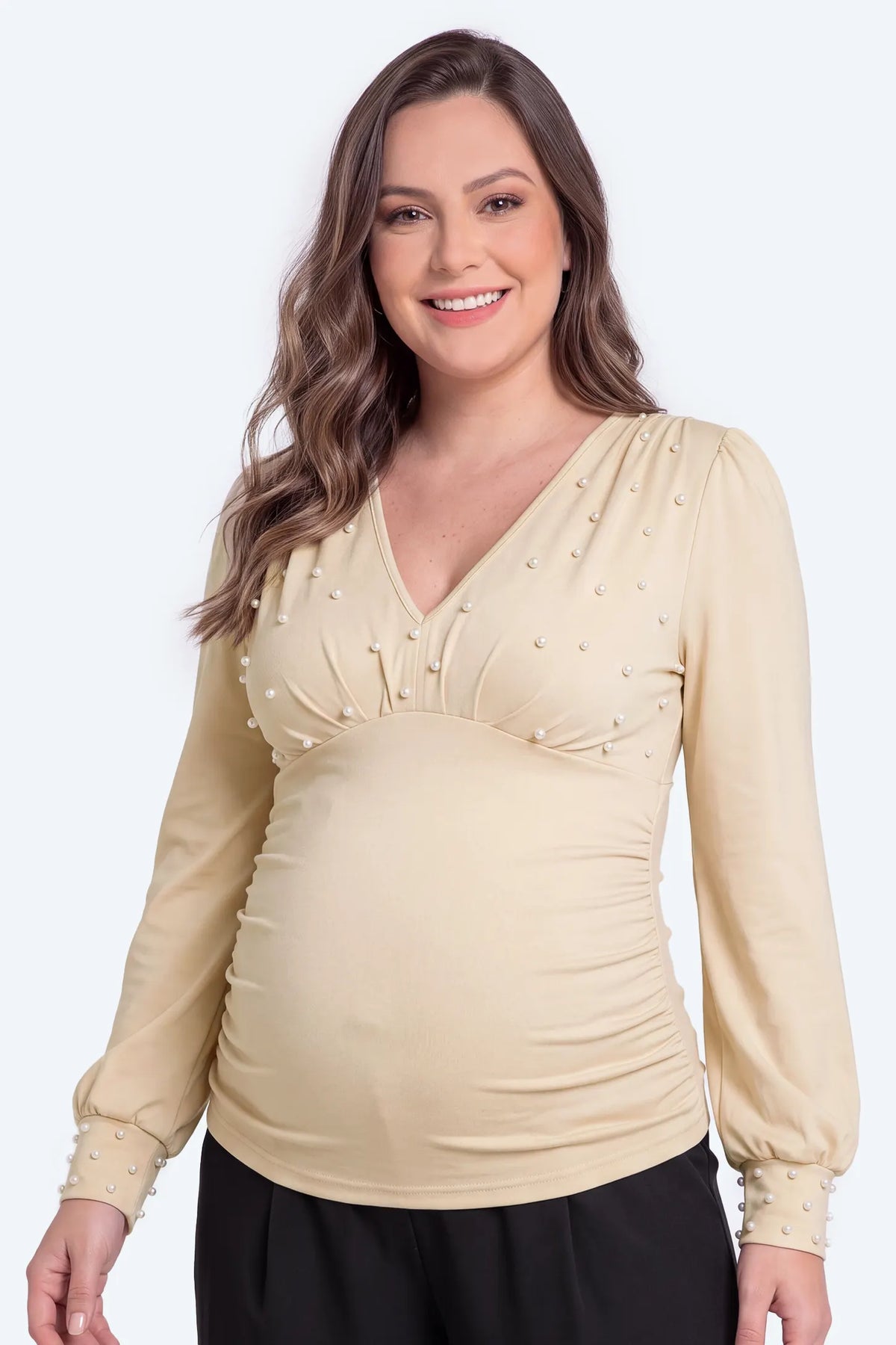 Maternity Pearl Beaded V-Neck Long Sleeve Top
