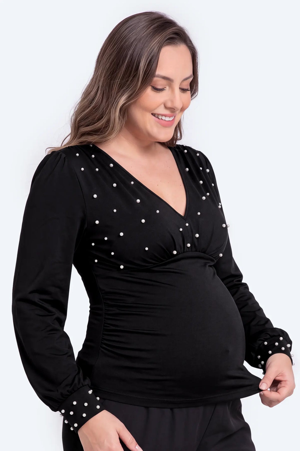 Maternity Pearl Beaded V-Neck Long Sleeve Top