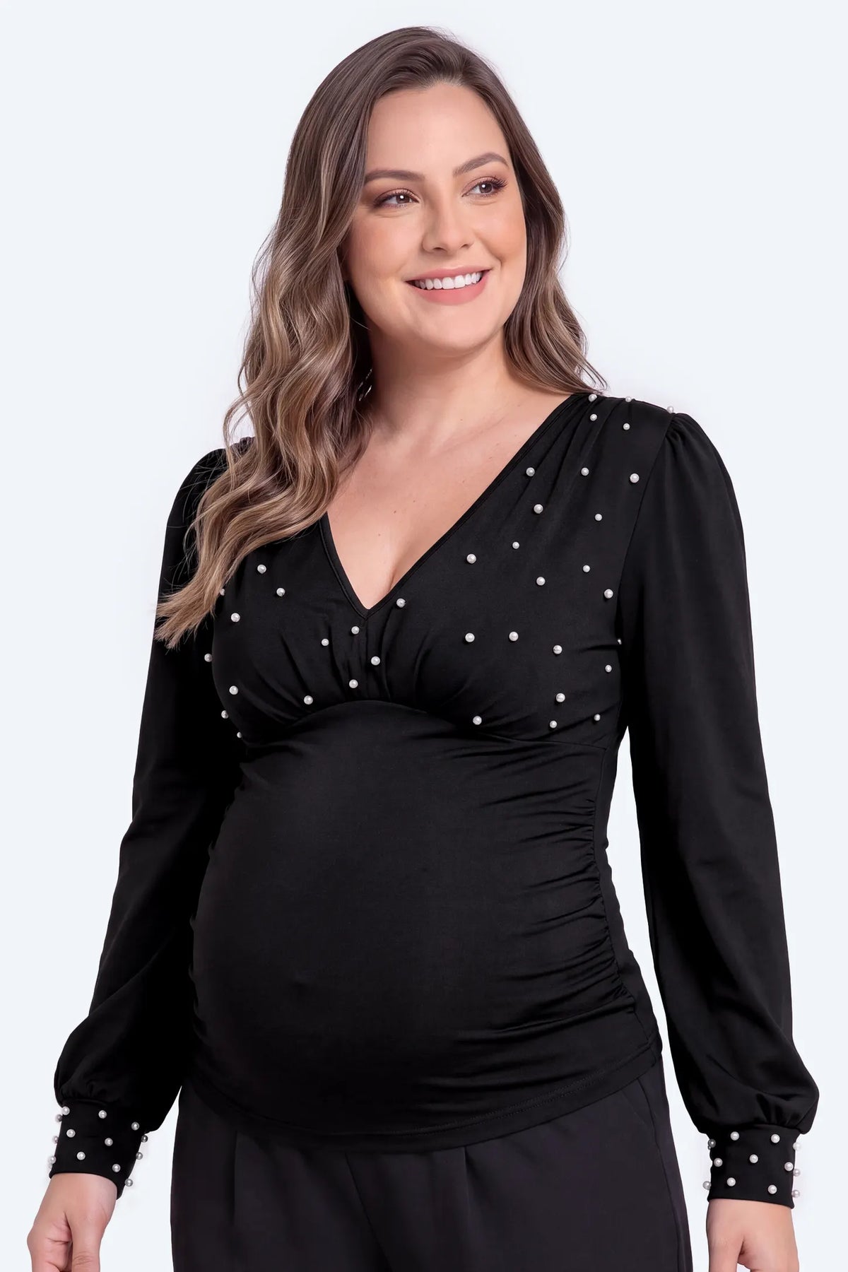 Maternity Pearl Beaded V-Neck Long Sleeve Top
