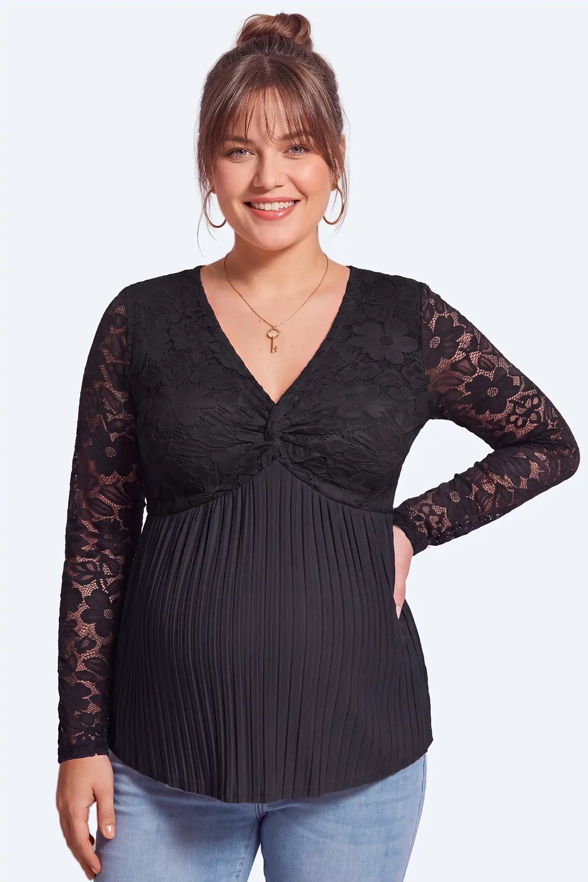 Maternity Floral Lace Pleated Tunic Top
