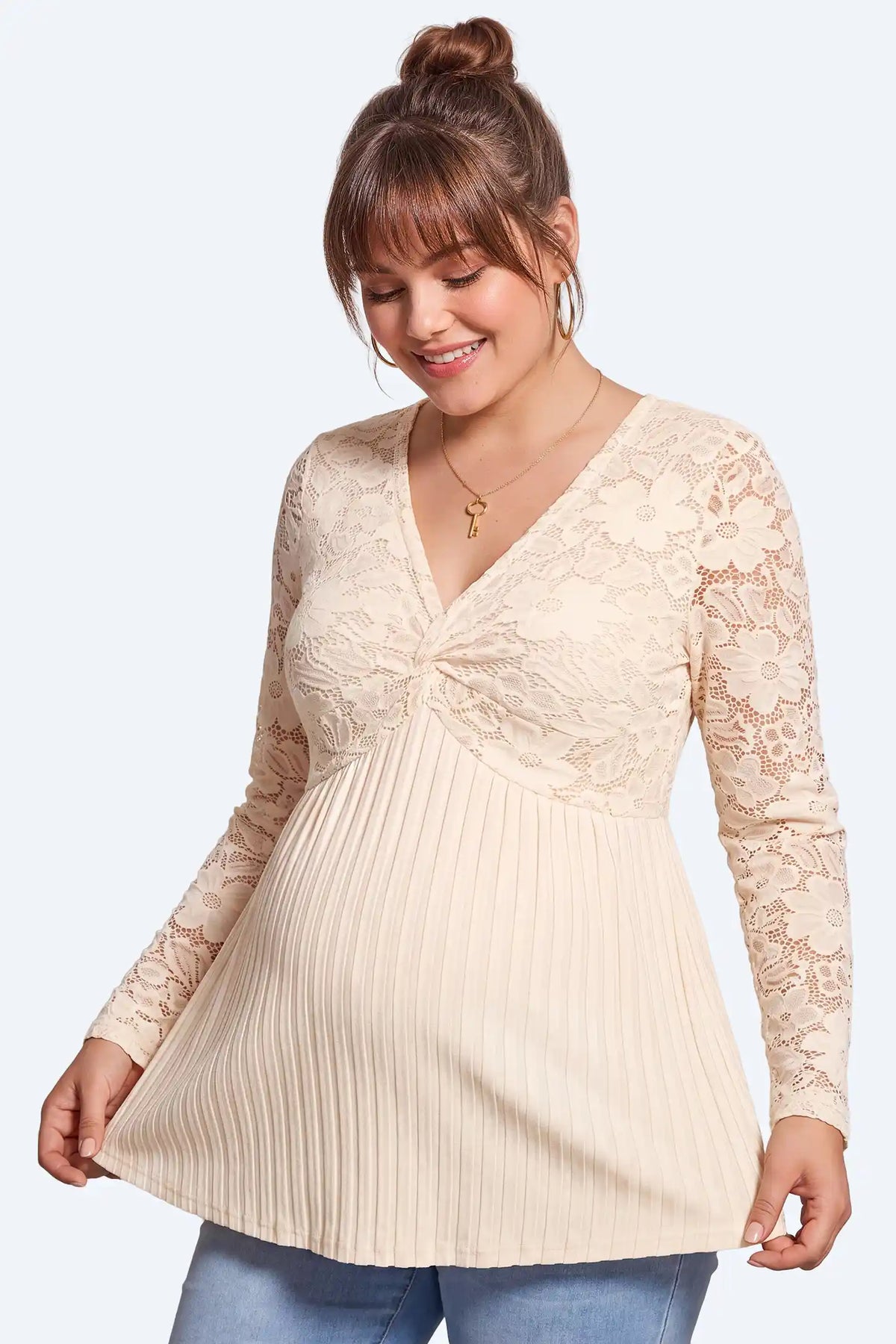 Maternity Floral Lace Pleated Tunic Top