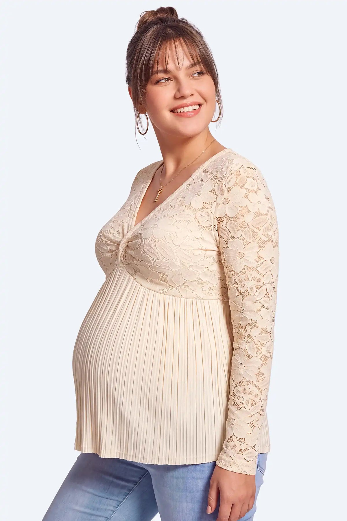 Maternity Floral Lace Pleated Tunic Top