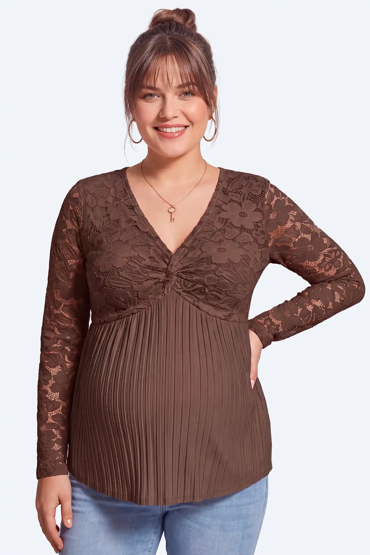 Maternity Floral Lace Pleated Tunic Top