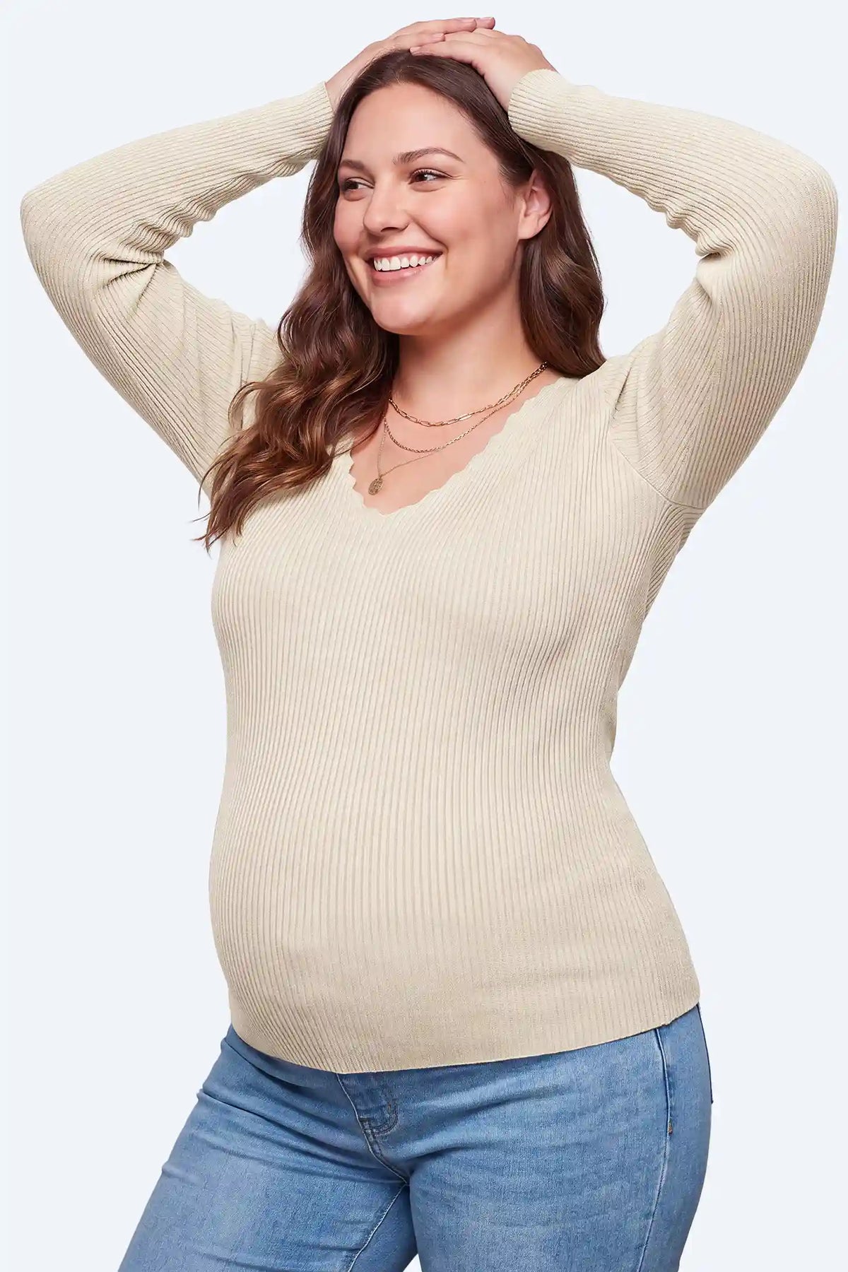 Maternity Scallop Trim V-Neck Ribbed Top