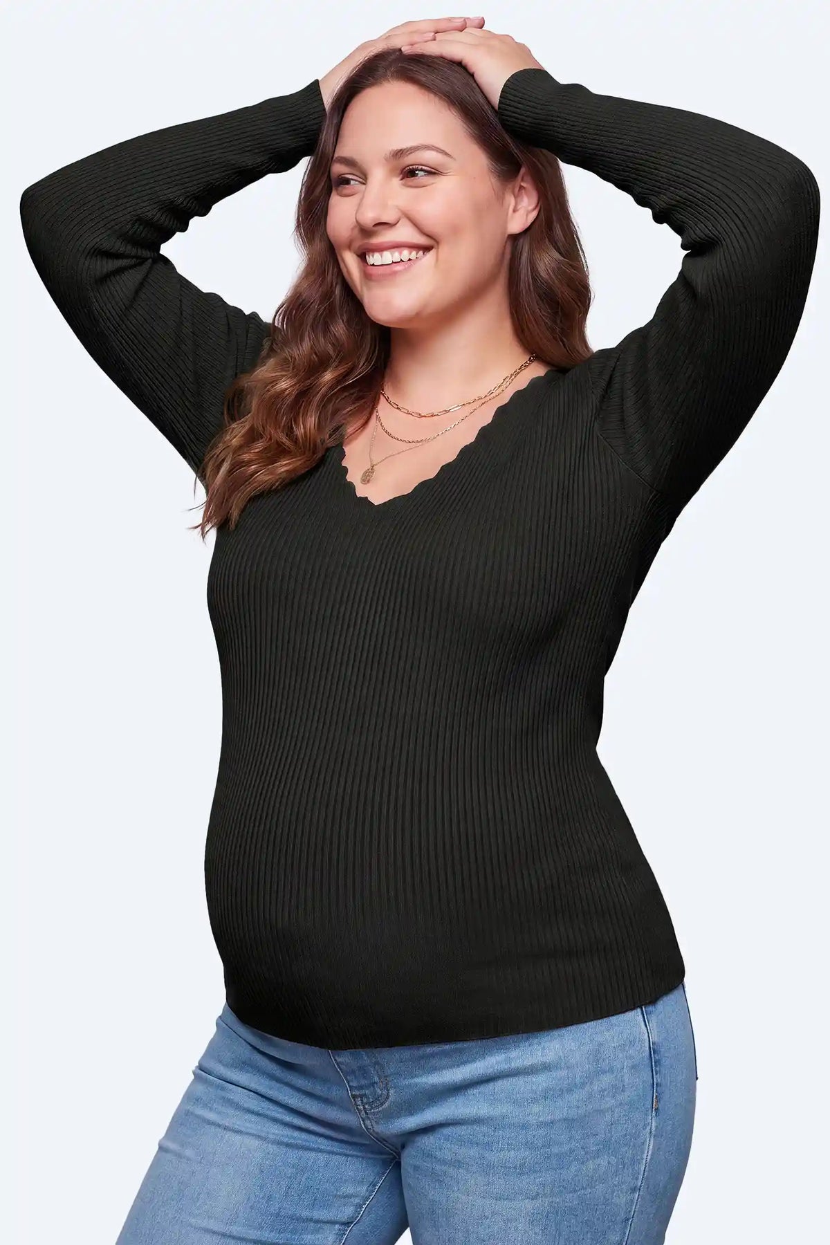 Maternity Scallop Trim V-Neck Ribbed Top