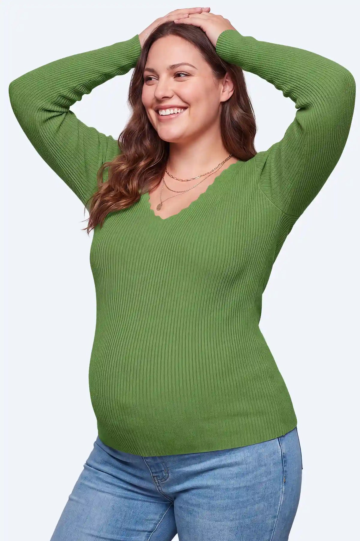 Maternity Scallop Trim V-Neck Ribbed Top
