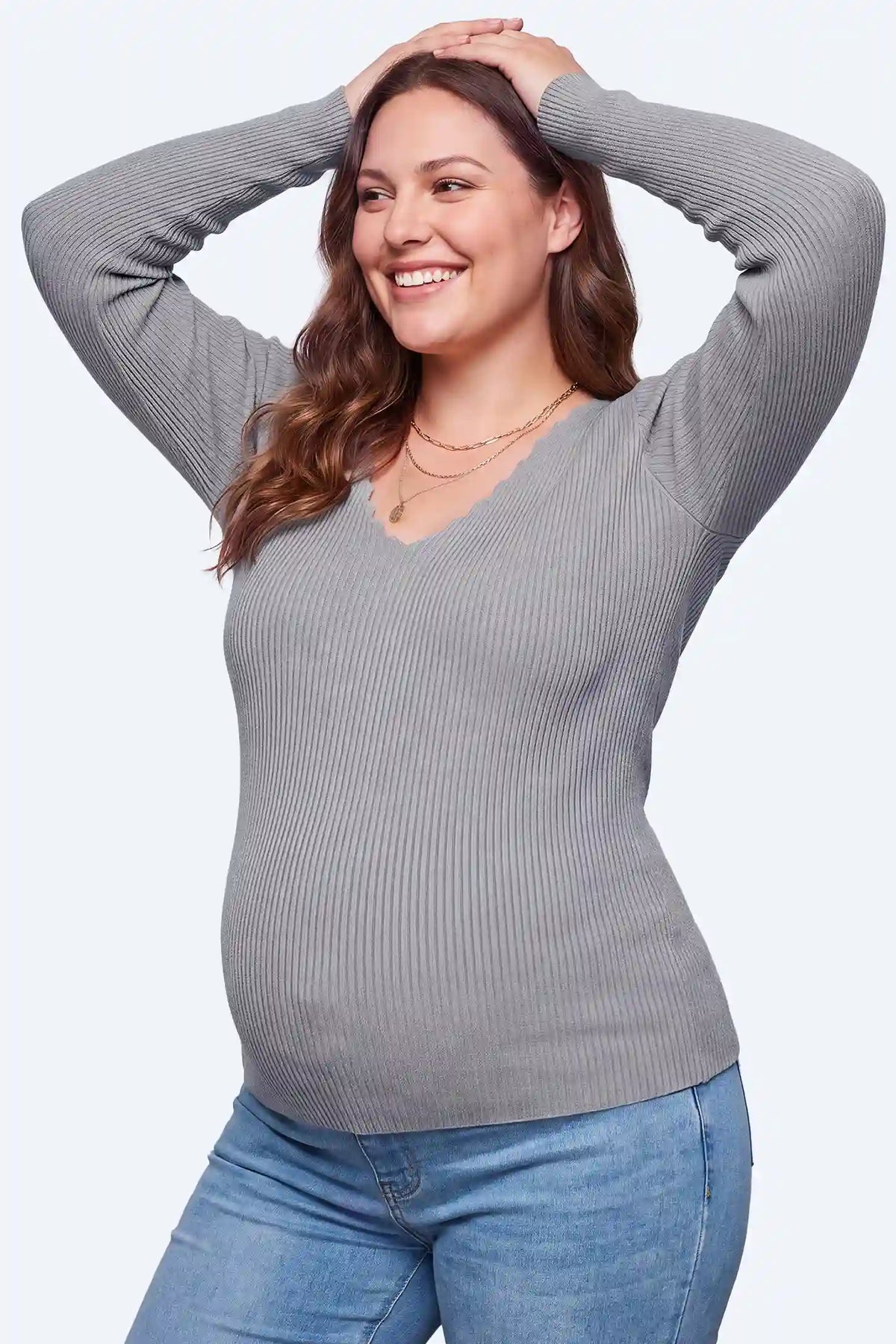 Maternity Scallop Trim V-Neck Ribbed Top