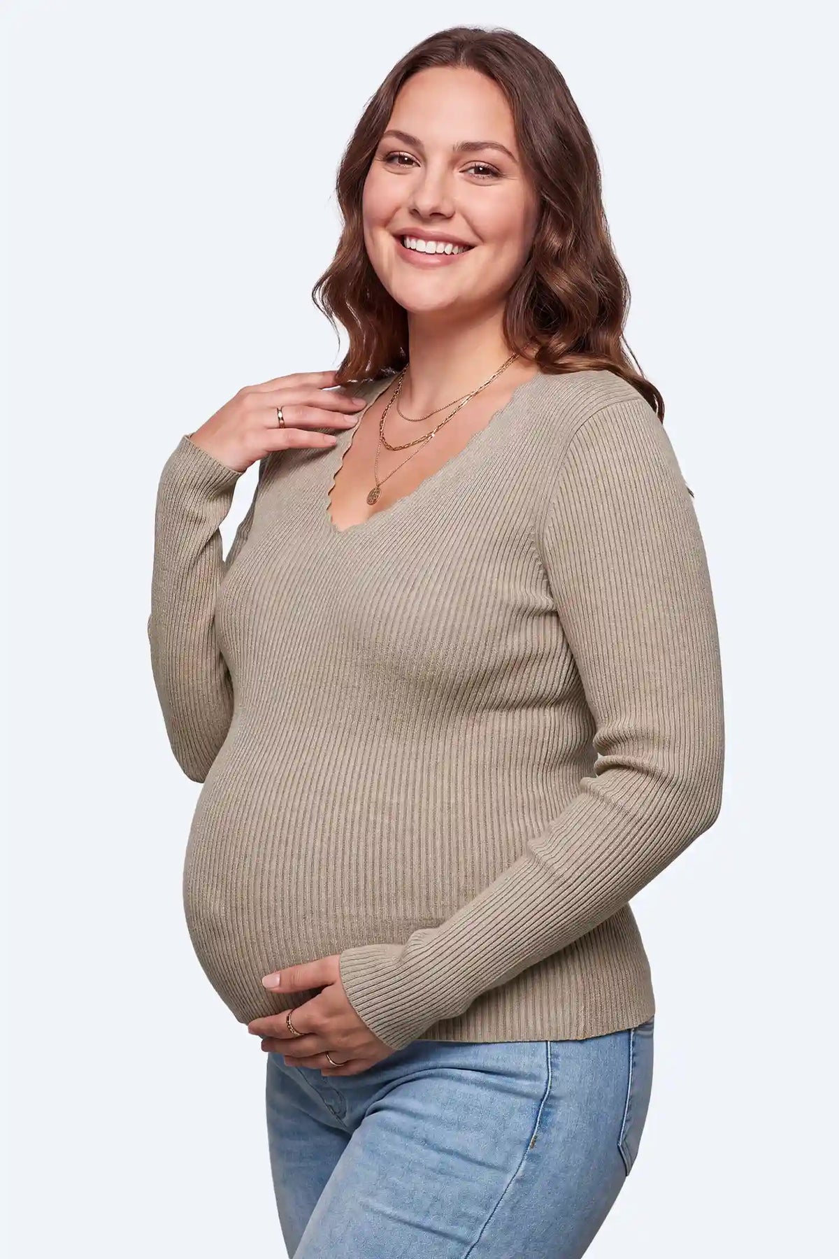 Maternity Scallop Trim V-Neck Ribbed Top