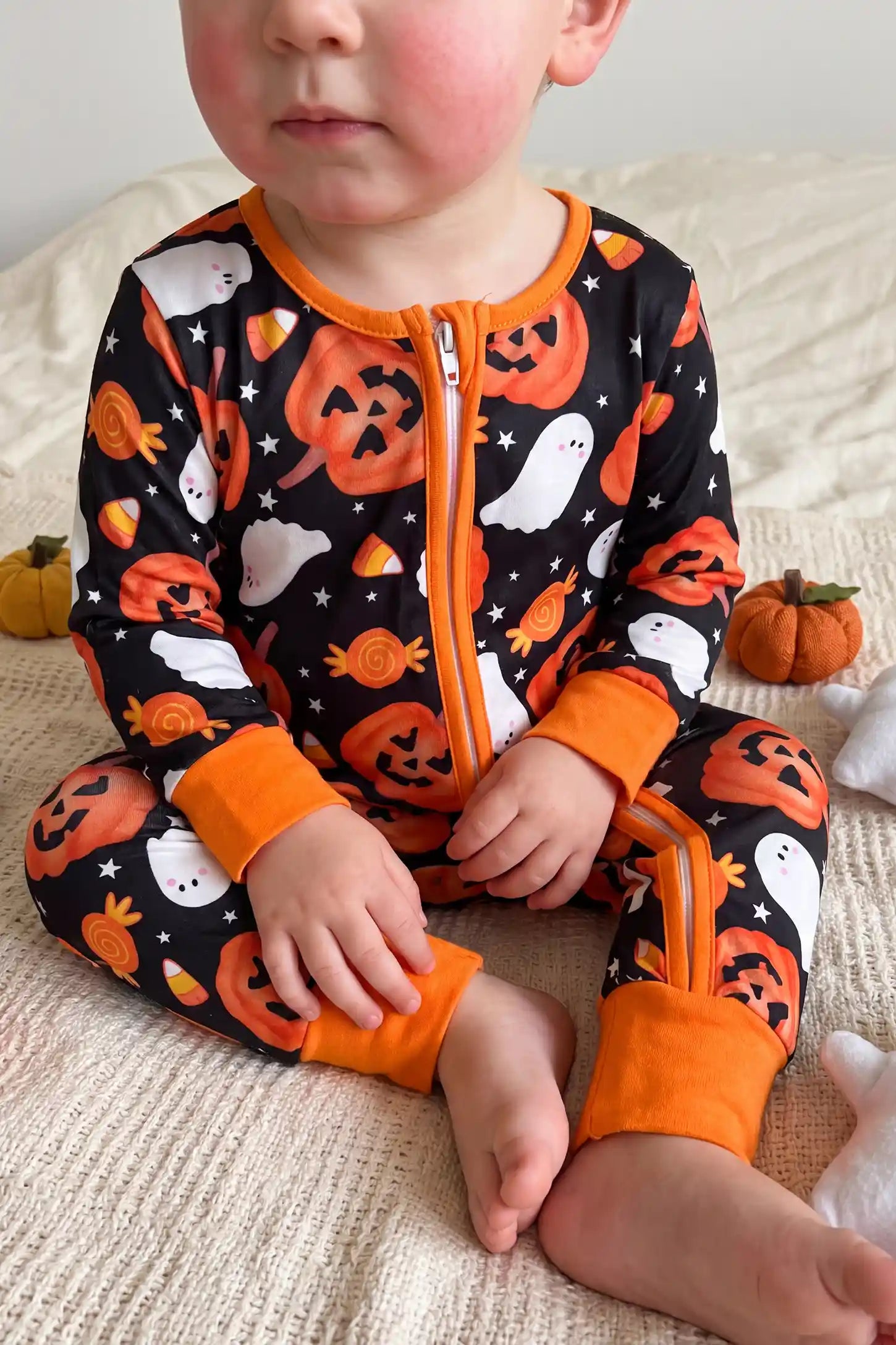 Halloween Pumpkin Print Zip Baby Sleepsuit