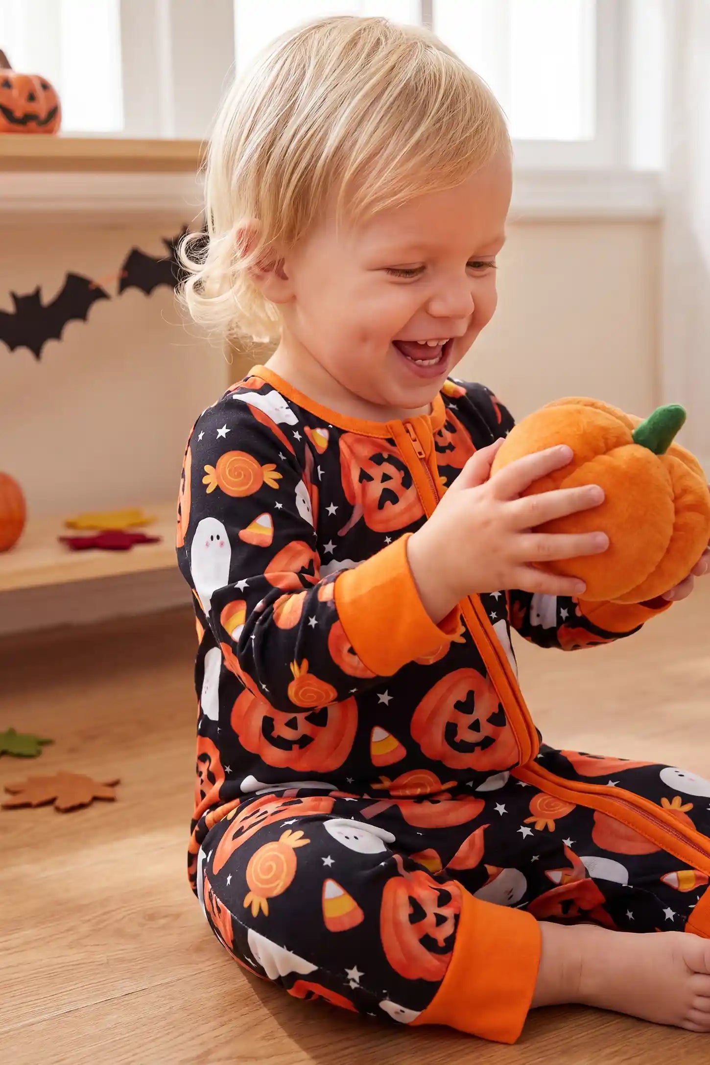 Halloween Pumpkin Print Zip Baby Sleepsuit
