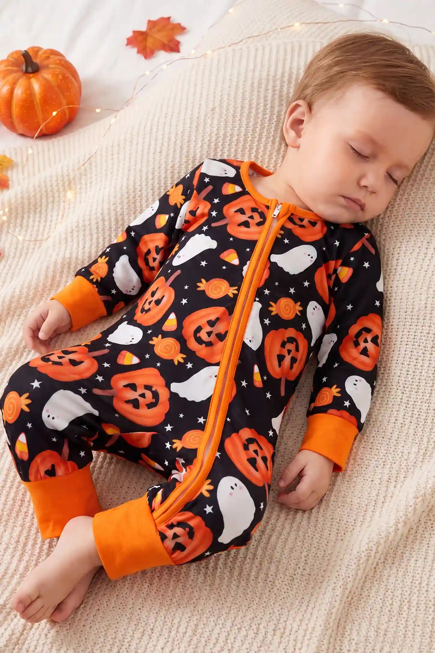 Halloween Pumpkin Print Zip Baby Sleepsuit