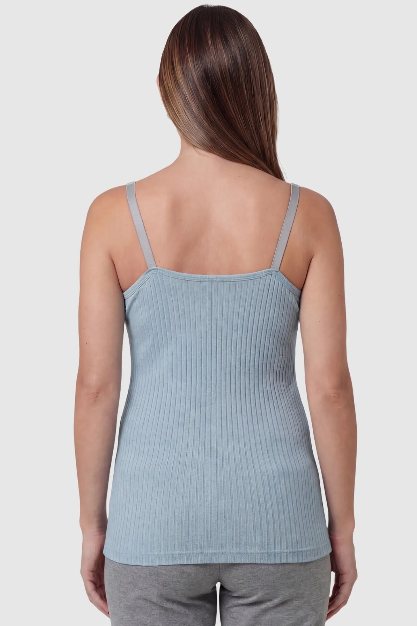 Padded Ribbed Maternity & Nursing Camisole Back view of Blue Padded Maternity Camisole showing the seamless ribbed texture and straight-cut neckline.