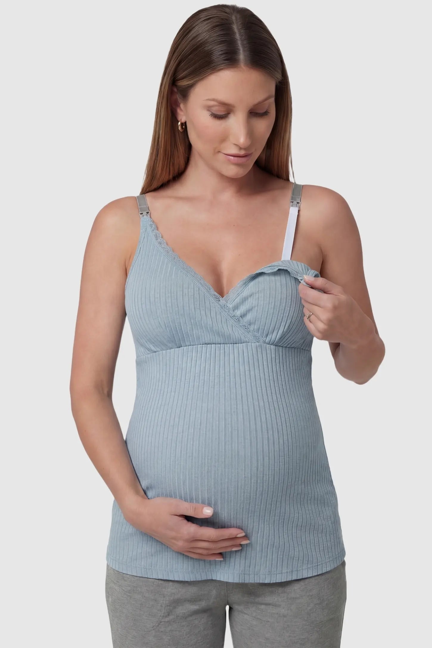 Padded Ribbed Maternity & Nursing Camisole Blue Padded Nursing Camisole with easy-access clip-down cups for breastfeeding on a pregnant model.