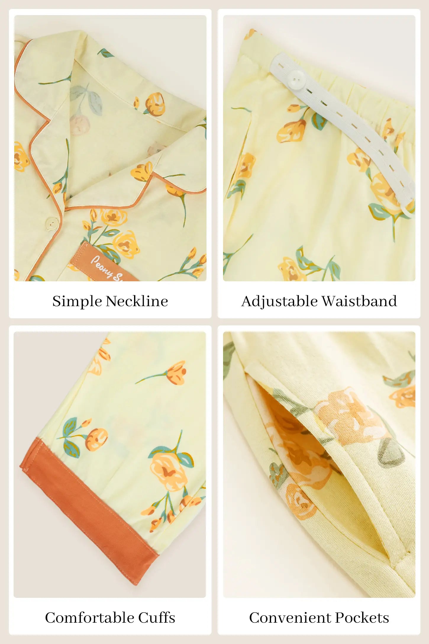 Peony Floral Organic Cotton Nursing PJ Set Peony Floral Organic Cotton Nursing PJ Set in Vintage Peony featuring simple neckline, adjustable waistband, comfortable cuffs, and convenient side pockets, feature close-up grid view.