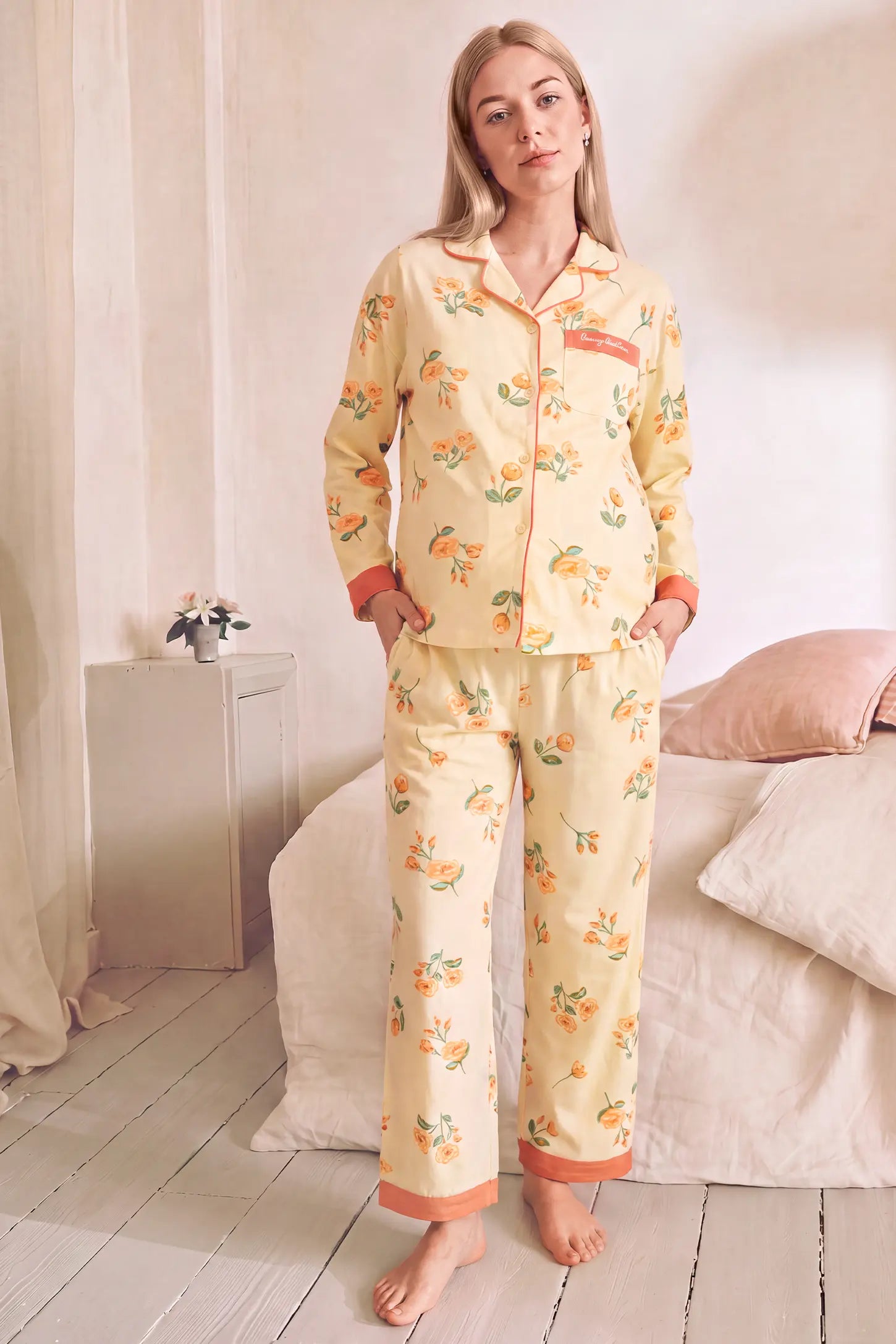 Peony Floral Organic Cotton Nursing PJ Set Peony Floral Organic Cotton Nursing PJ Set in Vintage Peony featuring button-down front, contrasting wrist and ankle cuffs, and comfortable maternity fit on a pregnant model, full-body front view.