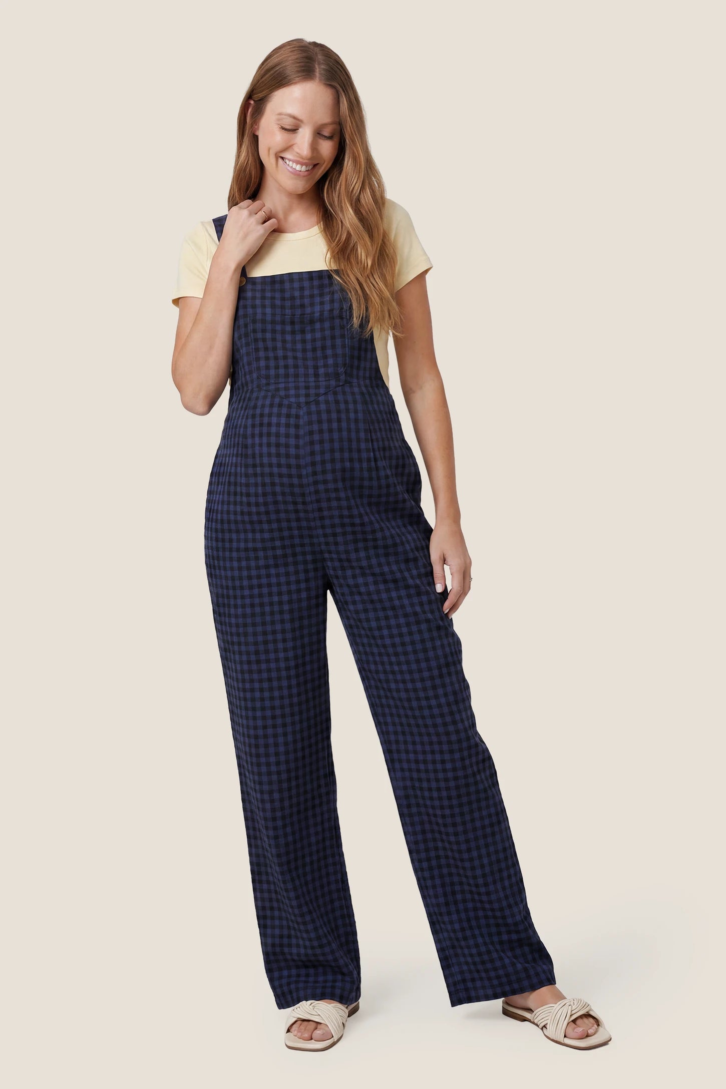 Plaid Square-Neck Button-Detail Maternity Jumpsuit