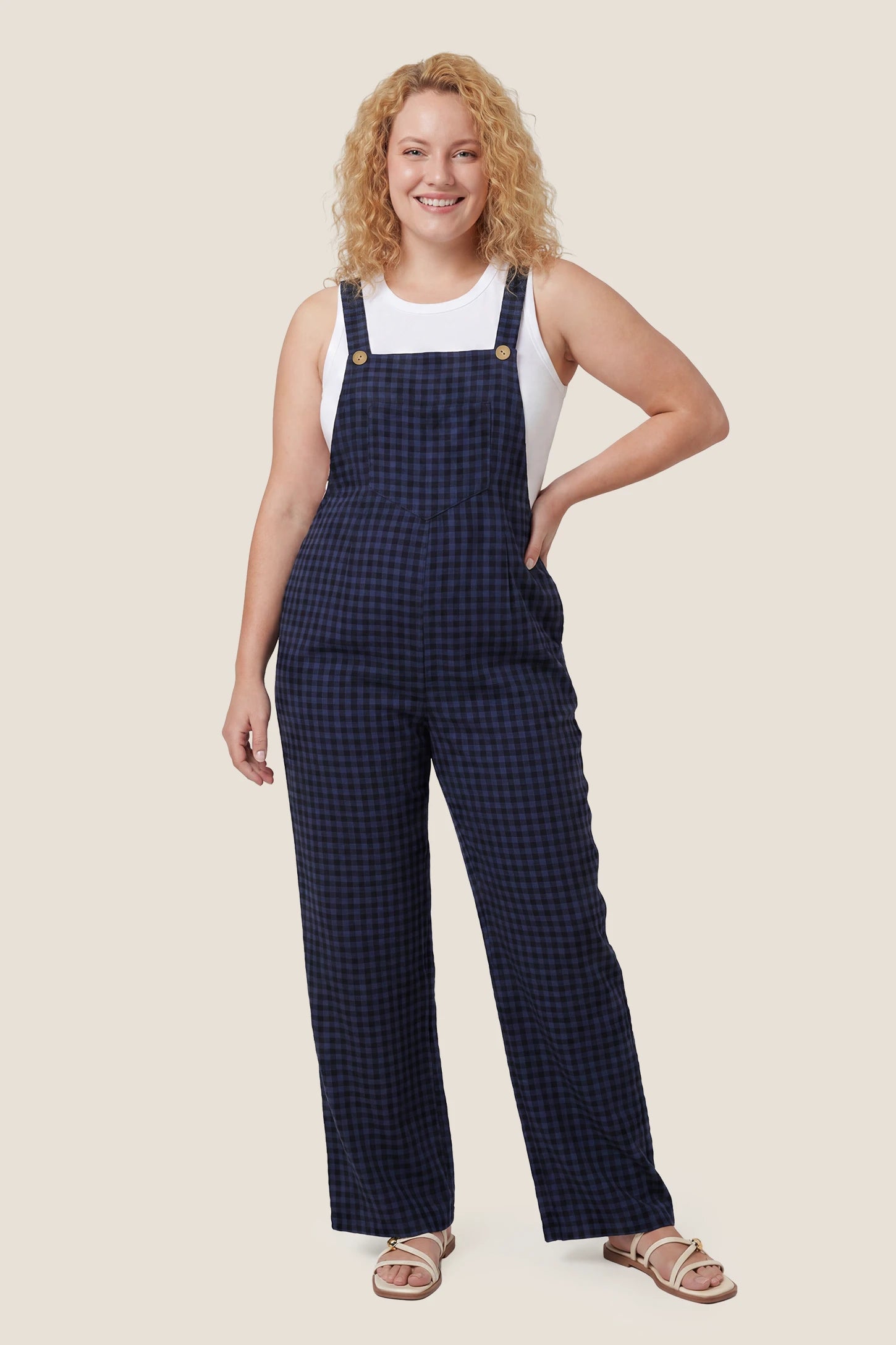 Plaid Square-Neck Button-Detail Maternity Jumpsuit