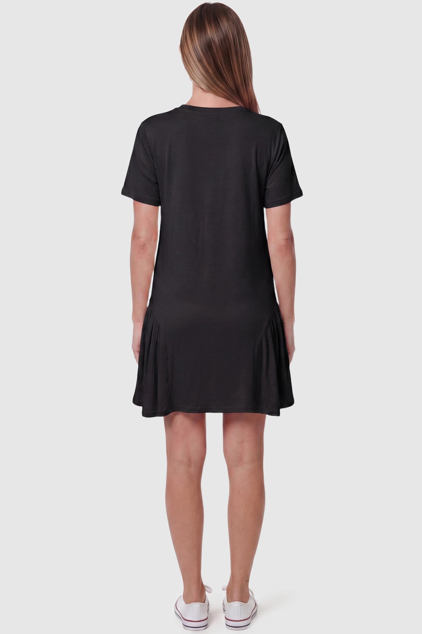 Pleated Hem A-line Maternity Short Dress Pleated hem A-line maternity short dress in black with soft pleated hem detail, back view on pregnant model