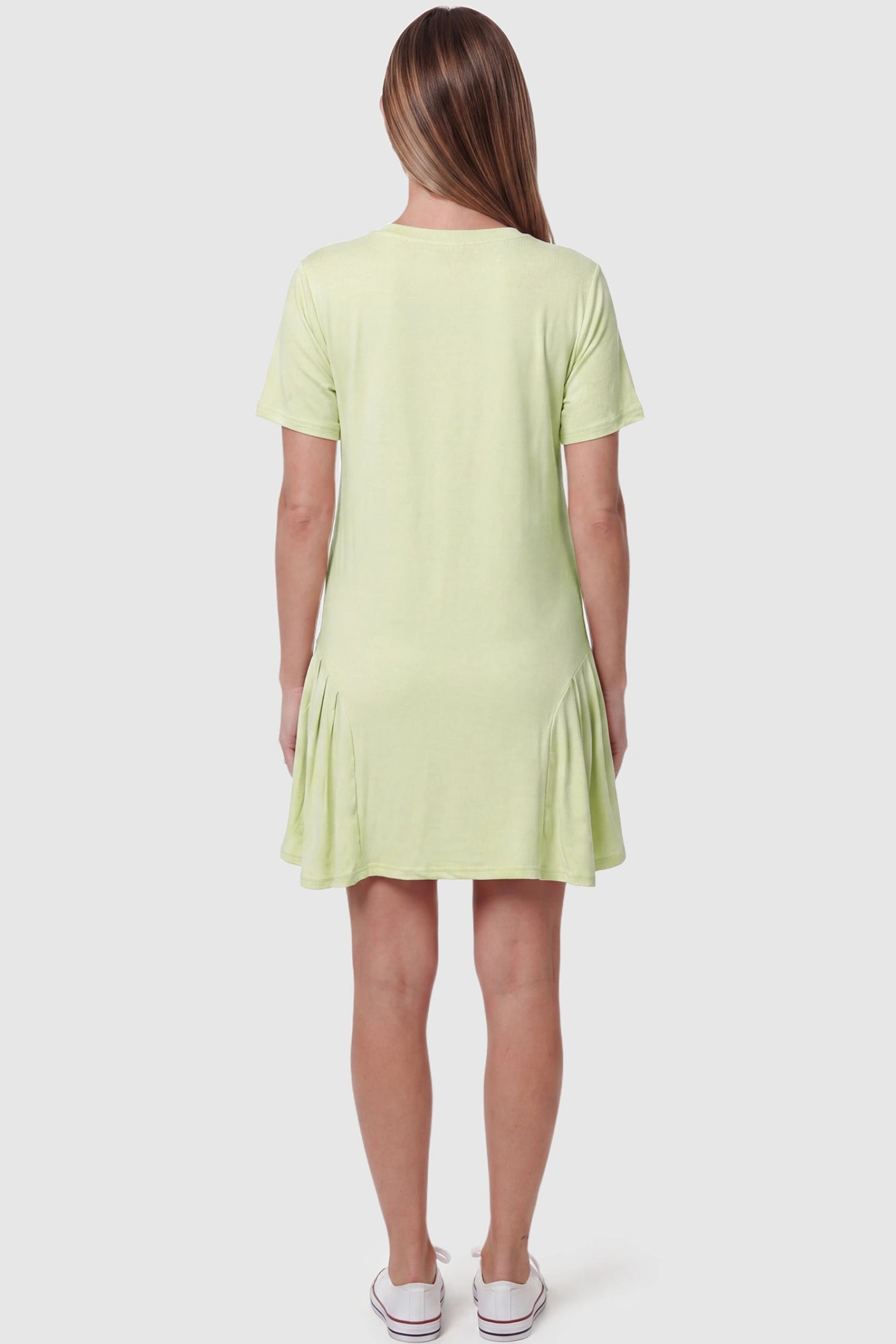 Pleated Hem A-line Maternity Short Dress Pleated hem A-line maternity short dress in green with soft pleated hem detail, back view on pregnant model