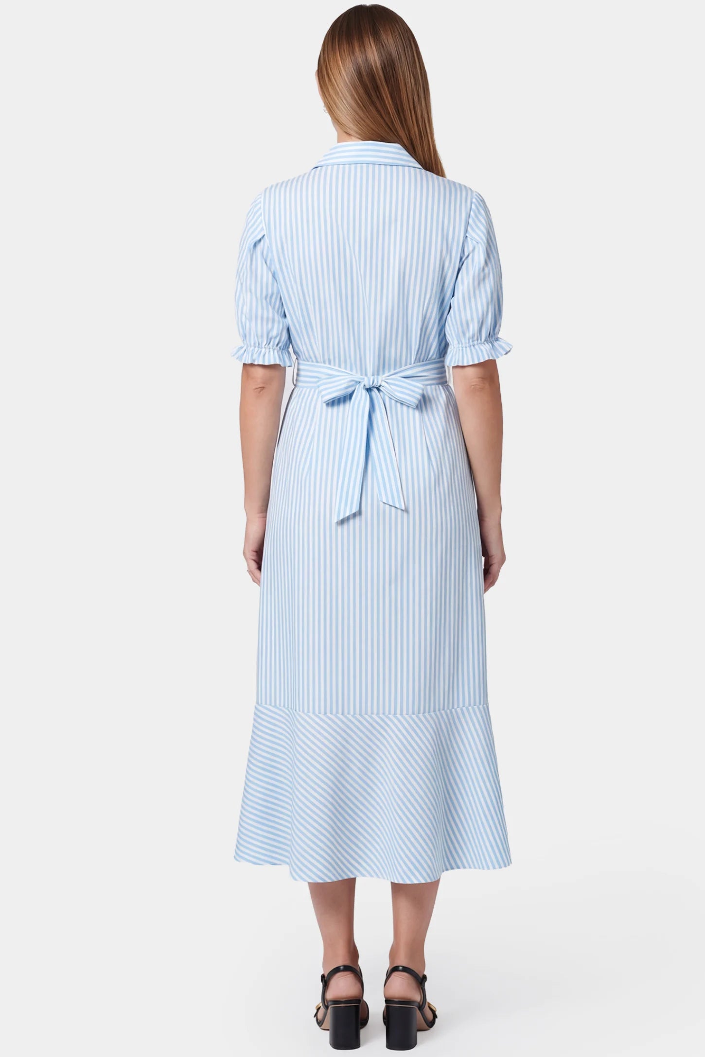 Striped Lapel Puff Sleeve A-Line Midi Maternity Dress Striped Lapel Puff Sleeve A-Line Midi Maternity Dress in Blue featuring Adjustable-Tie in back view on a pregnant model