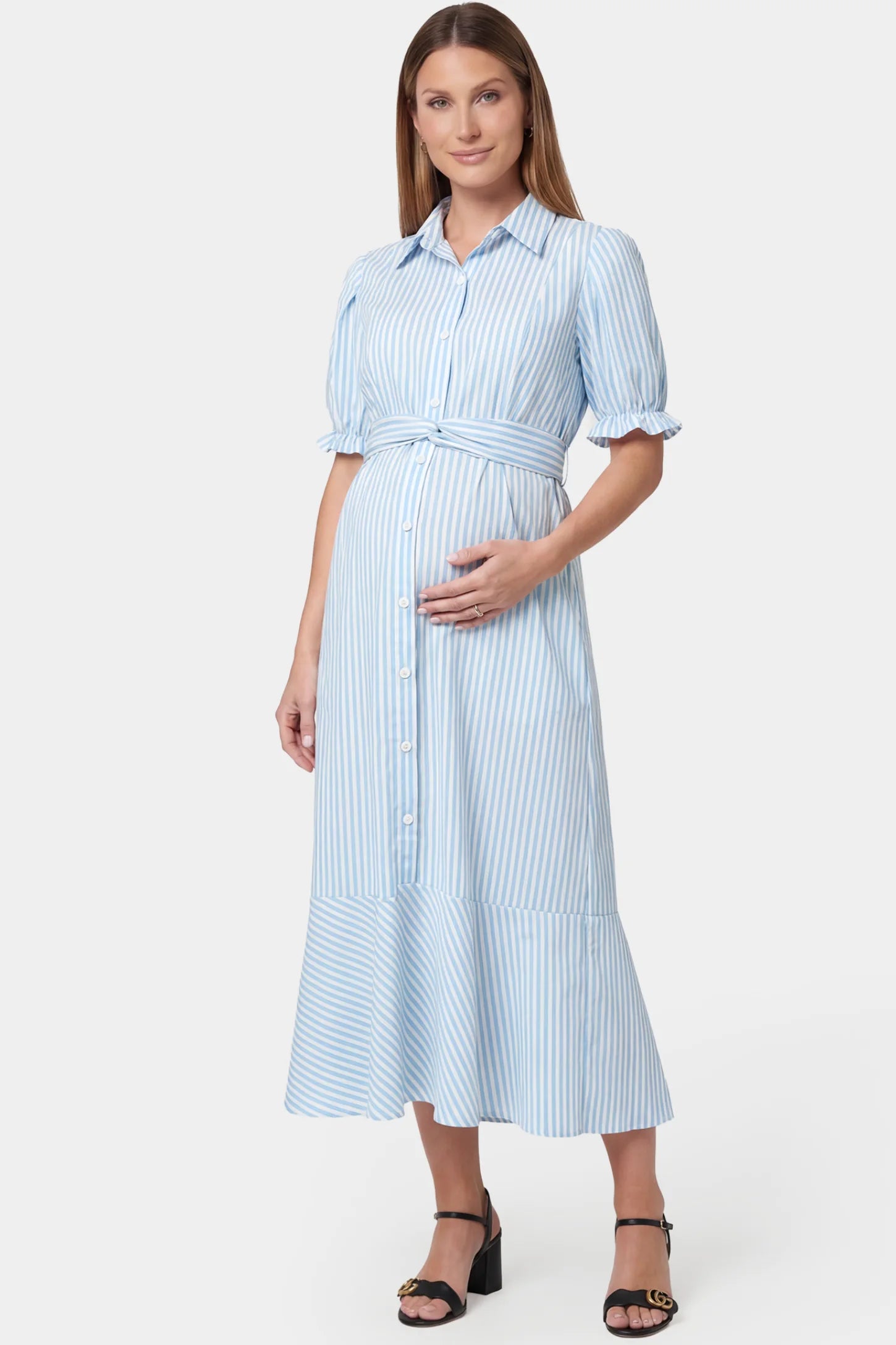 Striped Lapel Puff Sleeve A-Line Midi Maternity Dress in Blue featuring high-waisted A-line silhouette in full body front view on a pregnant model
