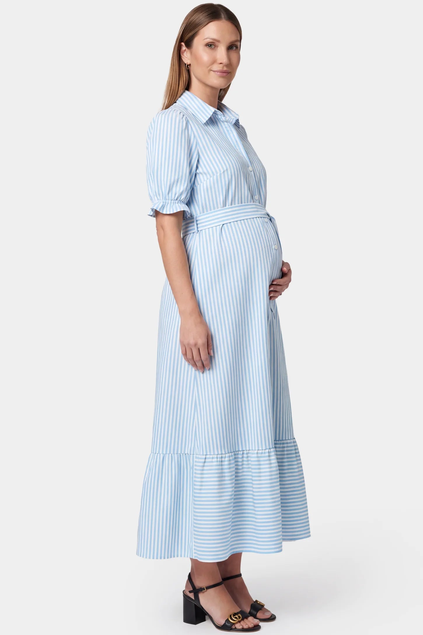 Striped Lapel Puff Sleeve A-Line Midi Maternity Dress in Blue featuring Lapel collar and puff sleeve in side view on a pregnant model