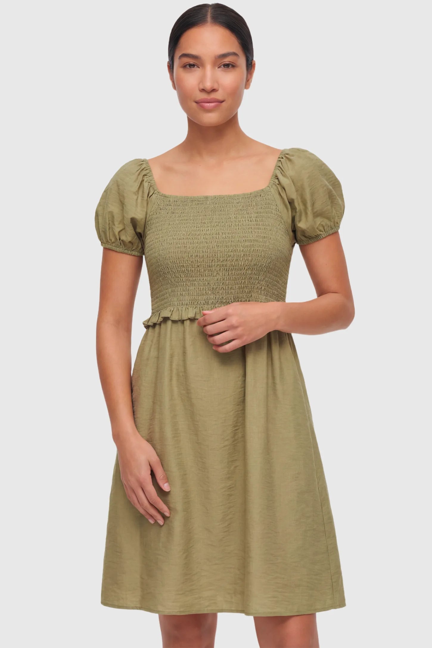 Short Puff Sleeve Empire Waist Maternity & Nursing Midi Dress Short Puff Sleeve Empire Waist Maternity & Nursing Midi Dress in olive green featuring a square neck, smocked bodice, and A-line silhouette on a non pregnant model.