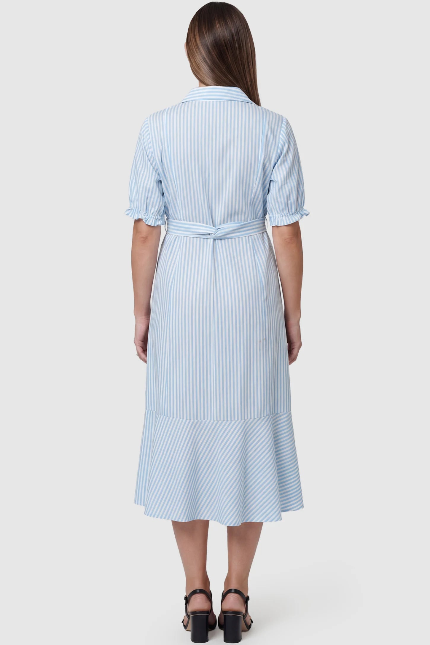 Striped Lapel Puff Sleeve A-Line Midi Maternity Dress Striped Lapel Puff Sleeve A-Line Midi Maternity Dress in Blue featuring puff sleeve in full body back view on a pregnant model
