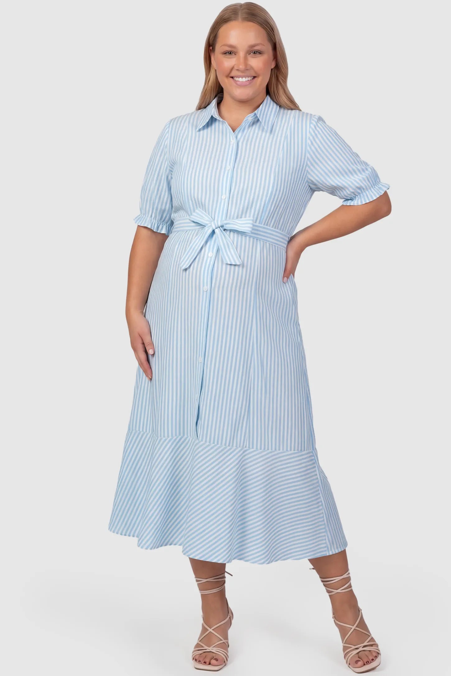 Striped Lapel Puff Sleeve A-Line Midi Maternity Dress Striped Lapel Puff Sleeve A-Line Midi Maternity Dress in Blue featuring waist tie bow in full body front view on a plus-size model