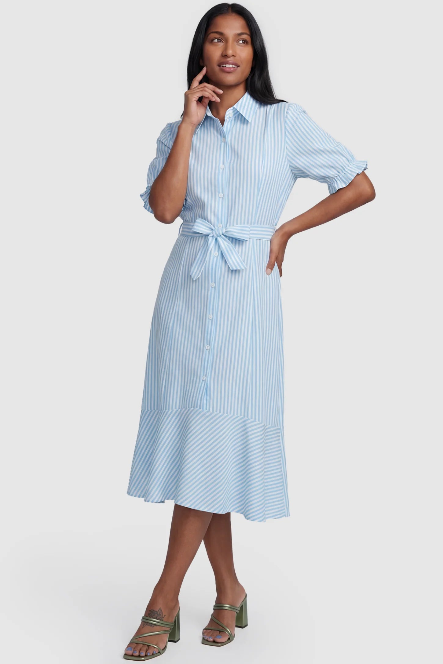 Striped Lapel Puff Sleeve A-Line Midi Maternity Dress Striped Lapel Puff Sleeve A-Line Midi Maternity Dress in Blue featuring waist tie bow in full body front view on a postpartum model