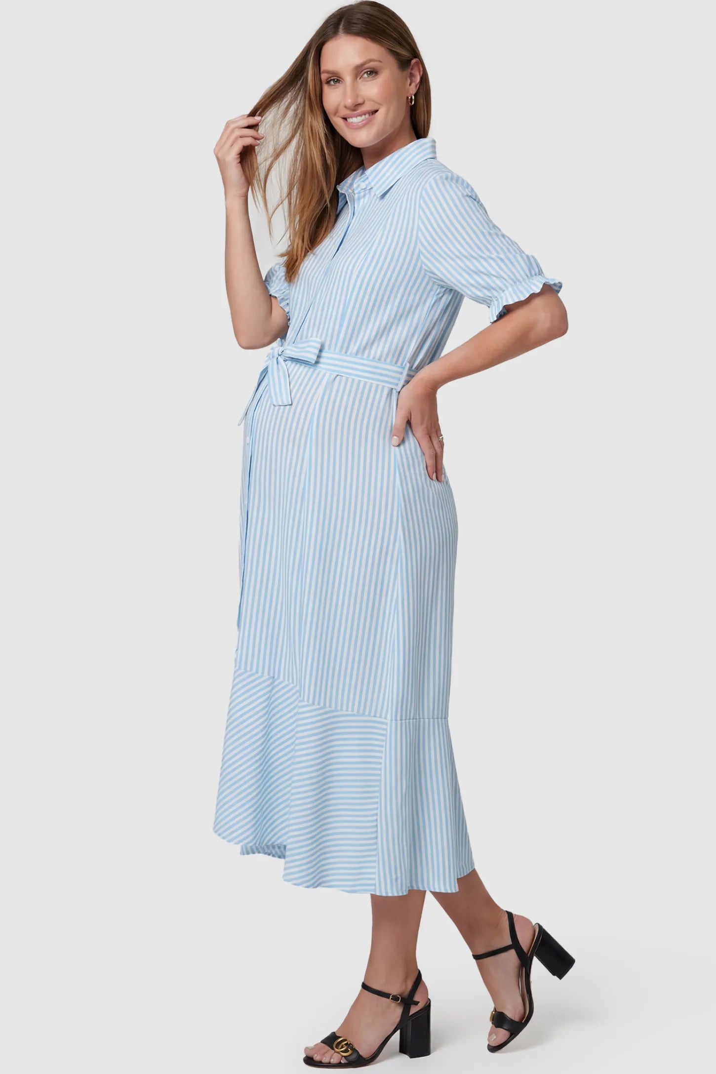 Striped Lapel Puff Sleeve A-Line Midi Maternity Dress Striped Lapel Puff Sleeve A-Line Midi Maternity Dress in Blue featuring waist tie bow in full body side view on a pregnant model