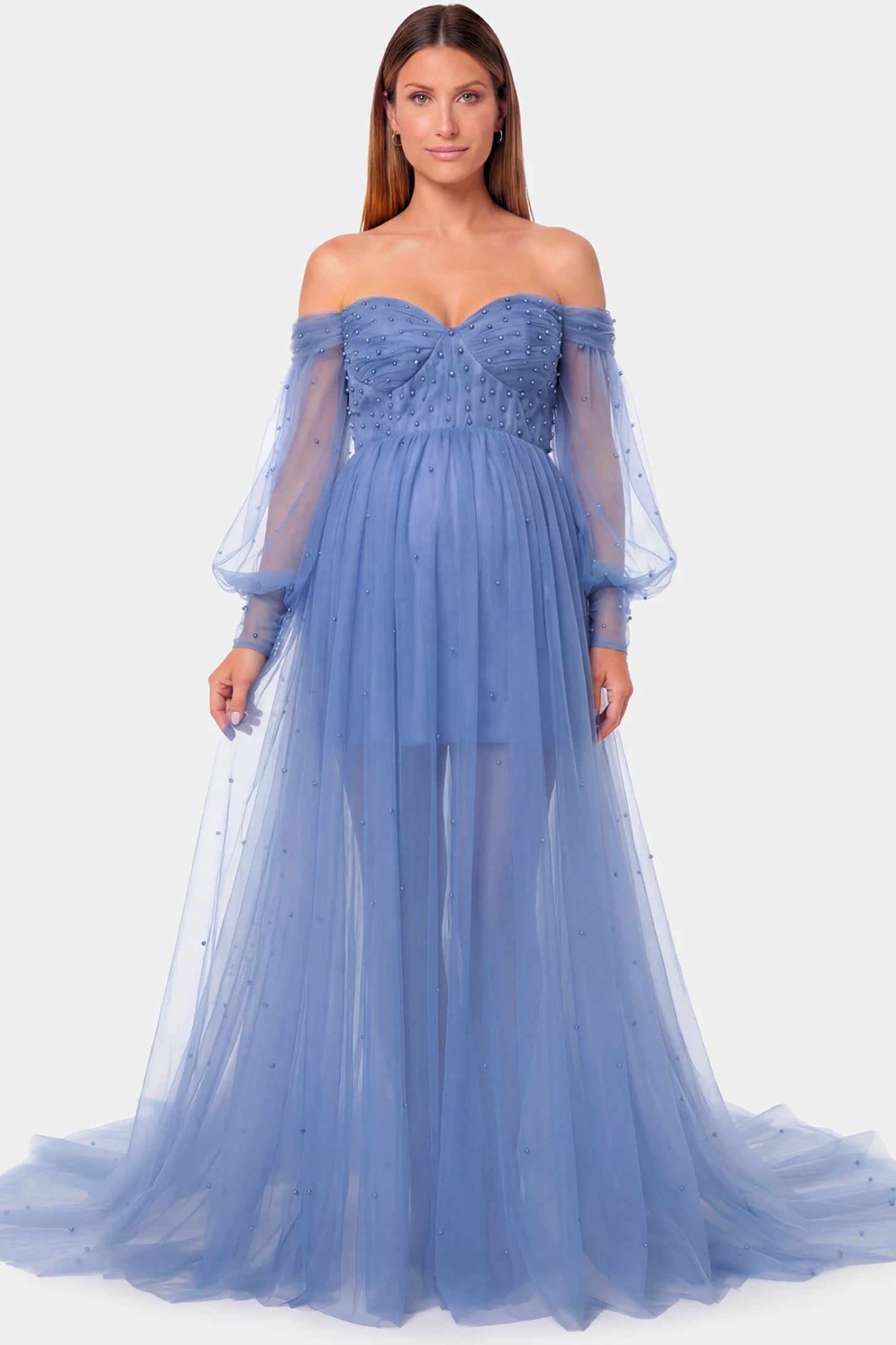 Off-Shoulder Empire Waist Maternity Gown in blue featuring a sweetheart neckline and flowy A-line silhouette on a pregnant model.