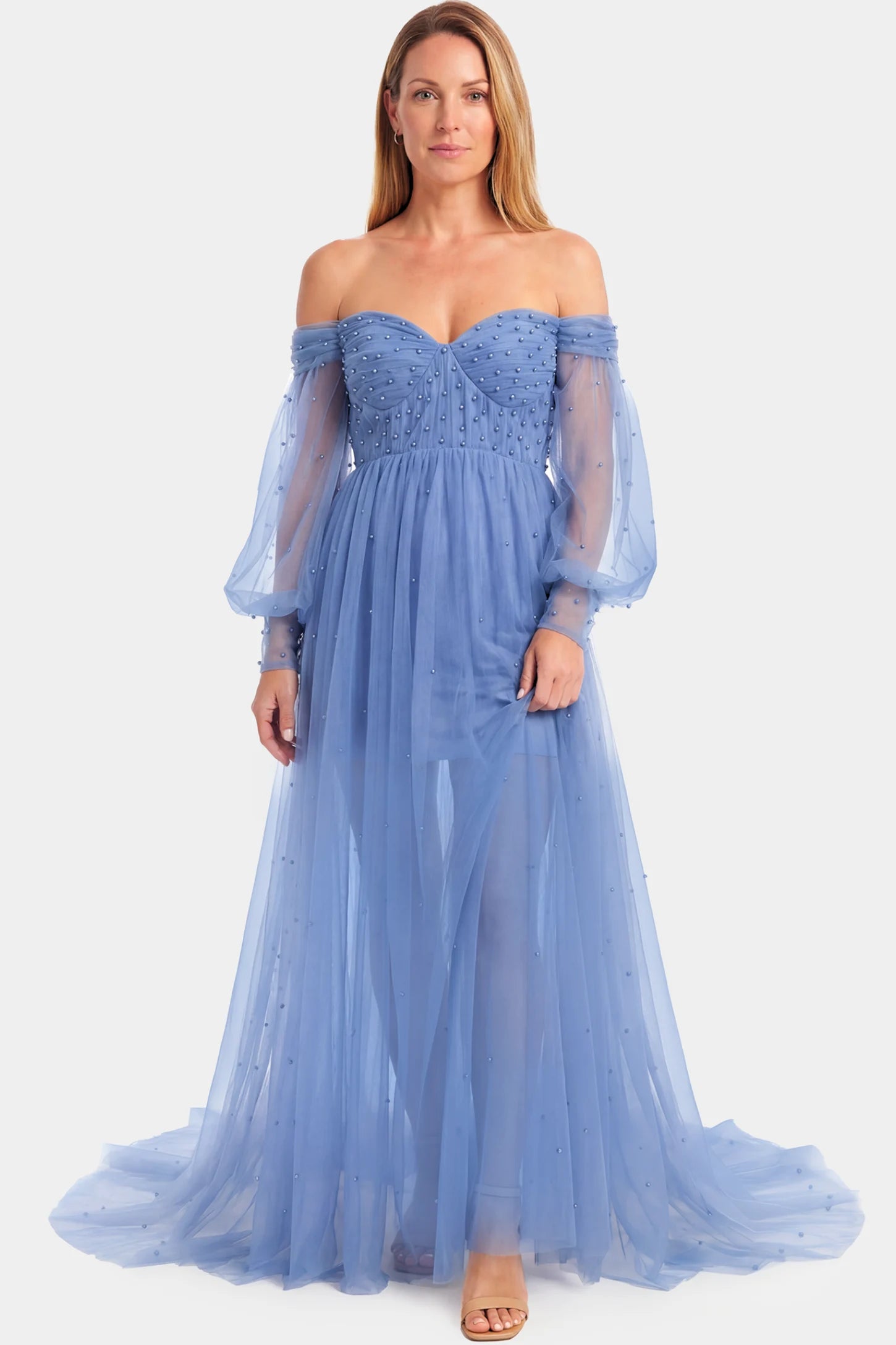 Off-Shoulder Empire Waist Maternity Gown Off-Shoulder Empire Waist Maternity Gown in blue featuring a sweetheart neckline and flowy A-line silhouette on a non pregnant model.