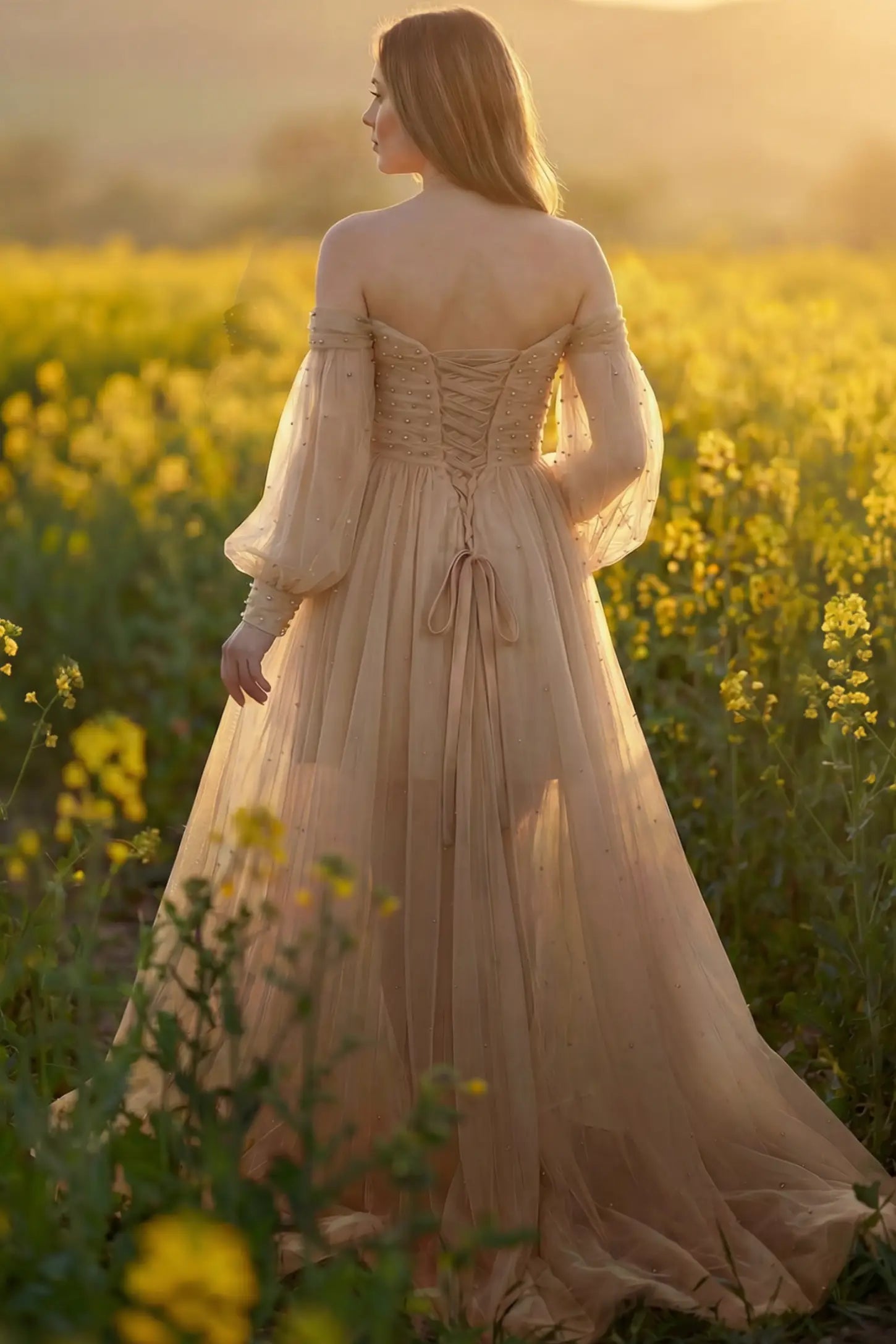 Off-Shoulder Empire Waist Maternity Gown Off-Shoulder Empire Waist Maternity Gown in camel featuring a sweetheart neckline and flowy A-line silhouette on a pregnant model, back view.