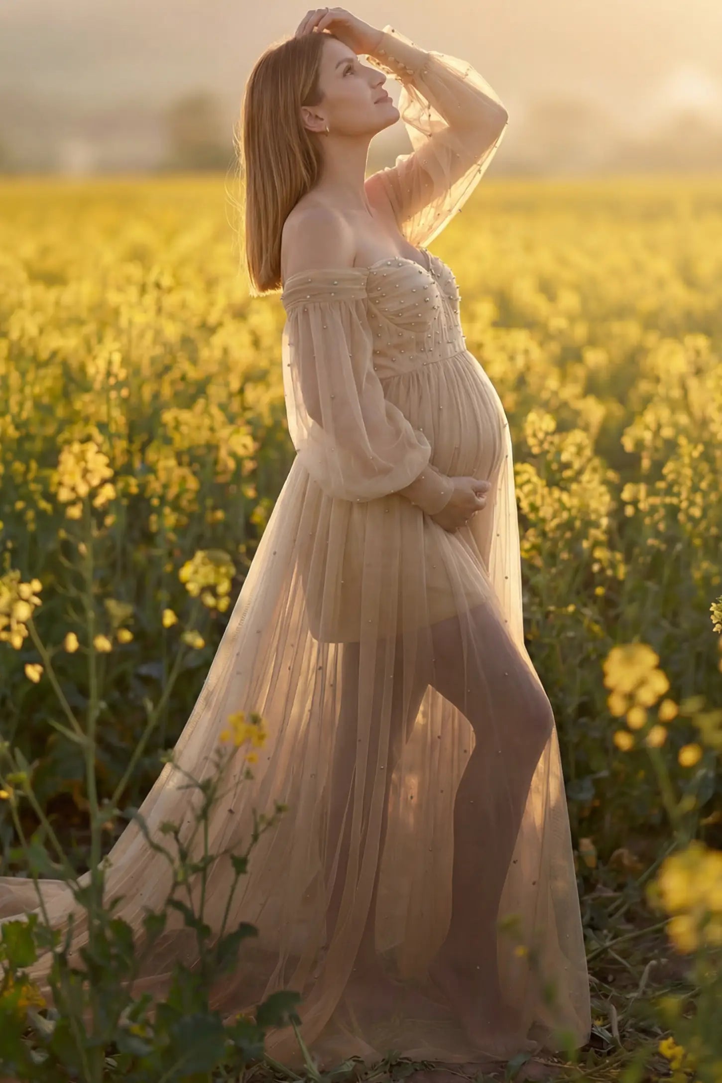 Off-Shoulder Empire Waist Maternity Gown Off-Shoulder Empire Waist Maternity Gown in camel featuring a sweetheart neckline and flowy A-line silhouette on a pregnant model, side view.