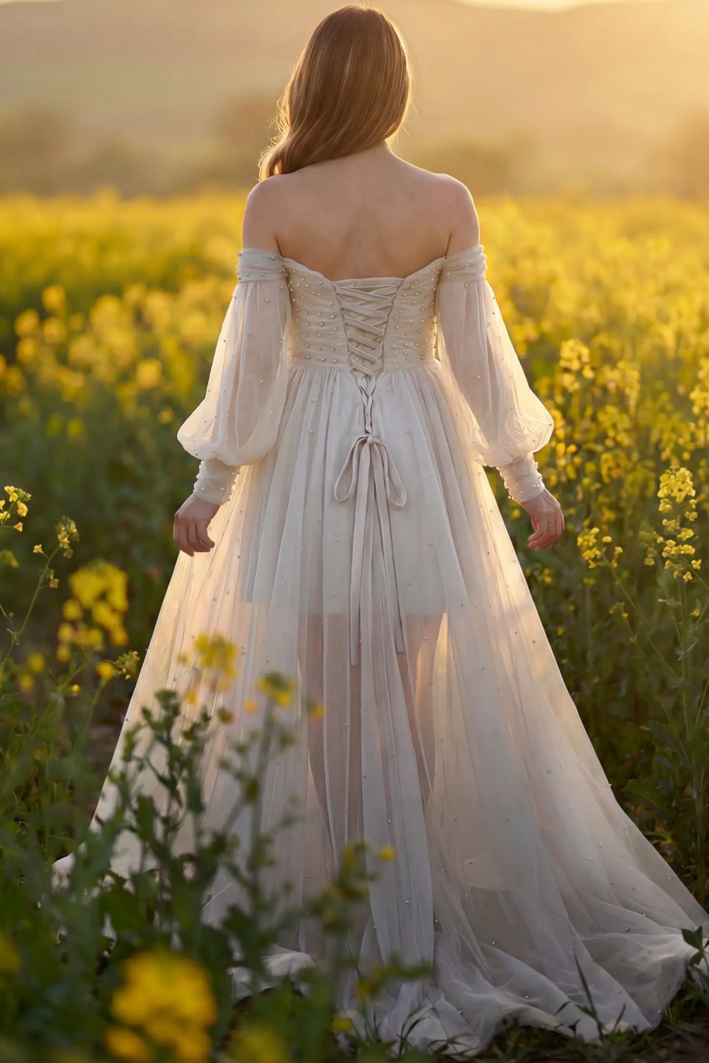 Off-Shoulder Empire Waist Maternity Gown Off-Shoulder Empire Waist Maternity Gown in ivory featuring a sweetheart neckline and flowy A-line silhouette on a pregnant model, back view.