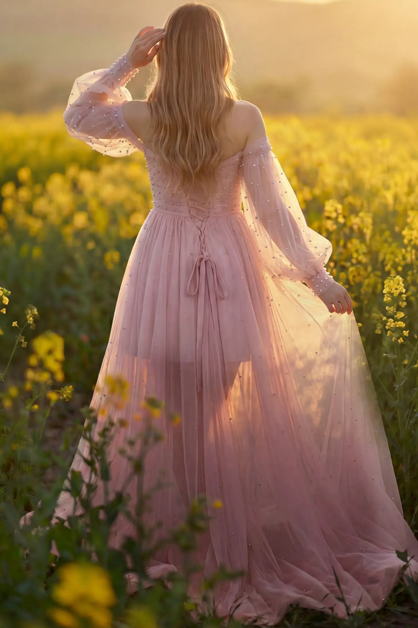Off-Shoulder Empire Waist Maternity Gown Off-Shoulder Empire Waist Maternity Gown in pink featuring a sweetheart neckline and flowy A-line silhouette on a pregnant model, back view.