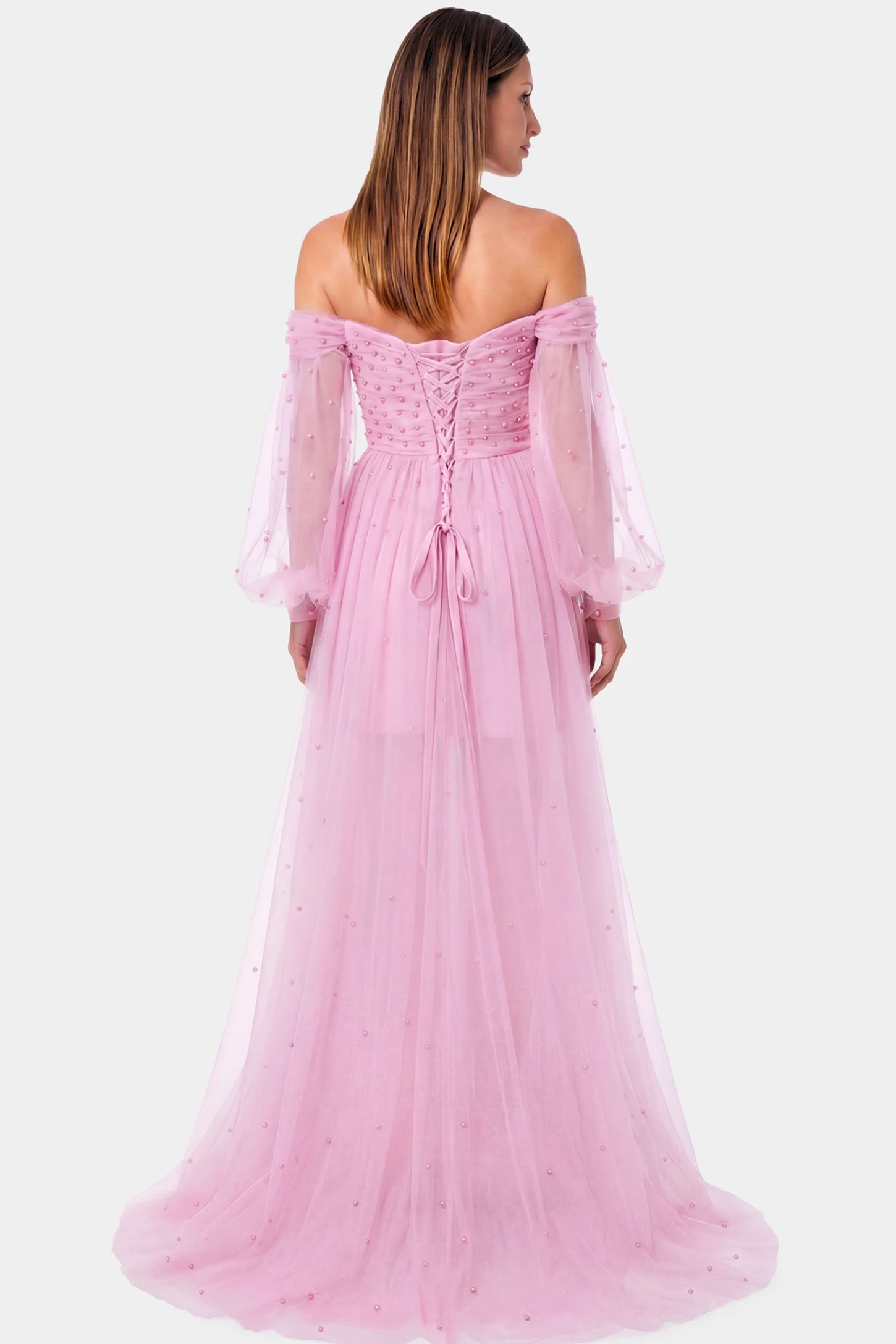 Off-Shoulder Empire Waist Maternity Gown Off-Shoulder Empire Waist Maternity Gown in pink featuring a sweetheart neckline and flowy A-line silhouette on a pregnant model.