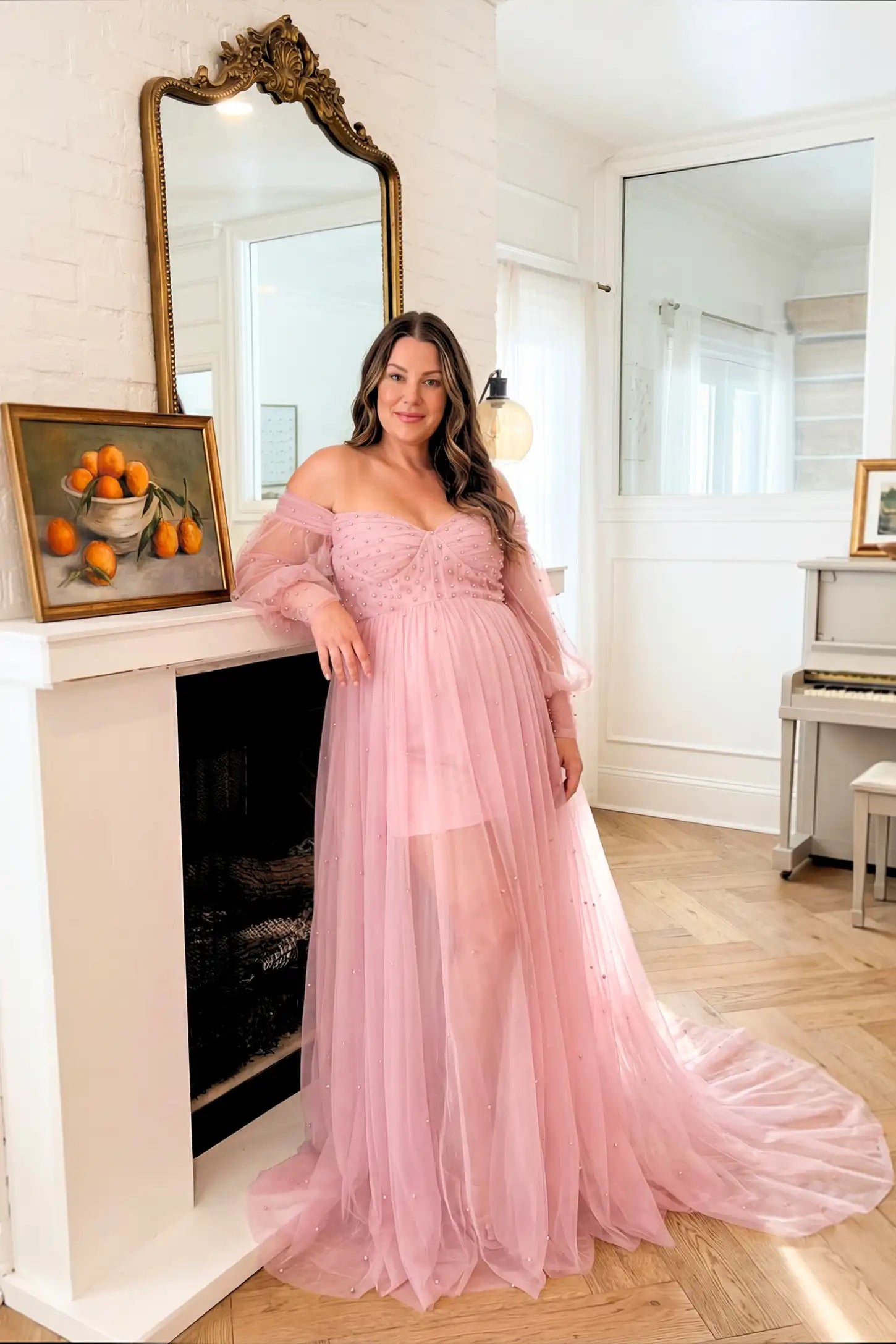 Off-Shoulder Empire Waist Maternity Gown Off-Shoulder Empire Waist Maternity Gown in pink featuring a sweetheart neckline and flowy A-line silhouette on a pregnant model.