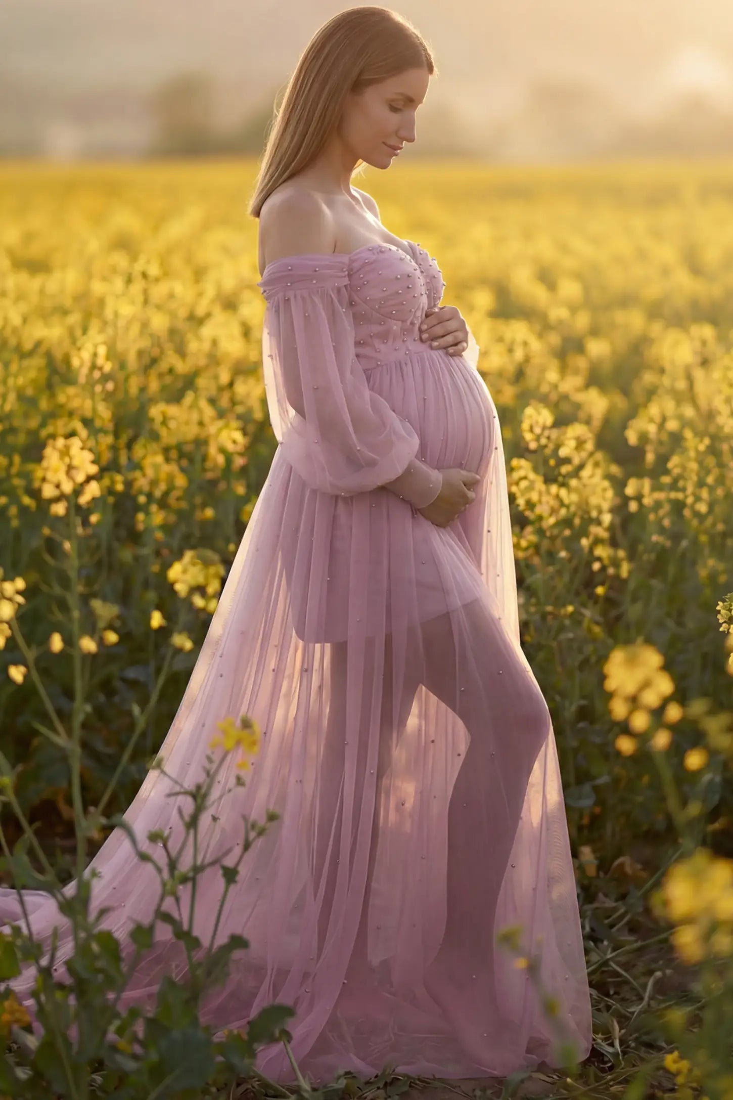 Off-Shoulder Empire Waist Maternity Gown Off-Shoulder Empire Waist Maternity Gown in pink featuring a sweetheart neckline and flowy A-line silhouette on a pregnant model, side view.