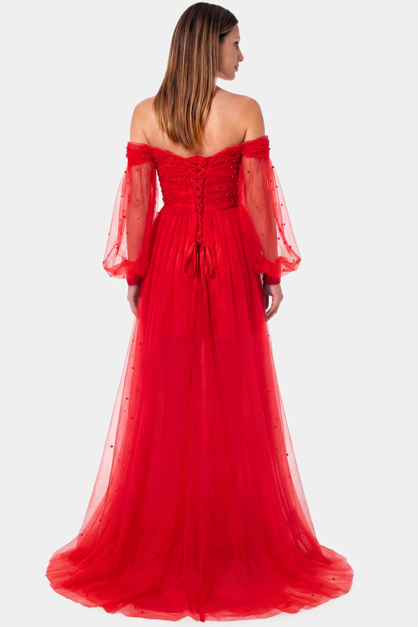 Off-Shoulder Empire Waist Maternity Gown Off-Shoulder Empire Waist Maternity Gown in red featuring a sweetheart neckline and flowy A-line silhouette on a pregnant model.