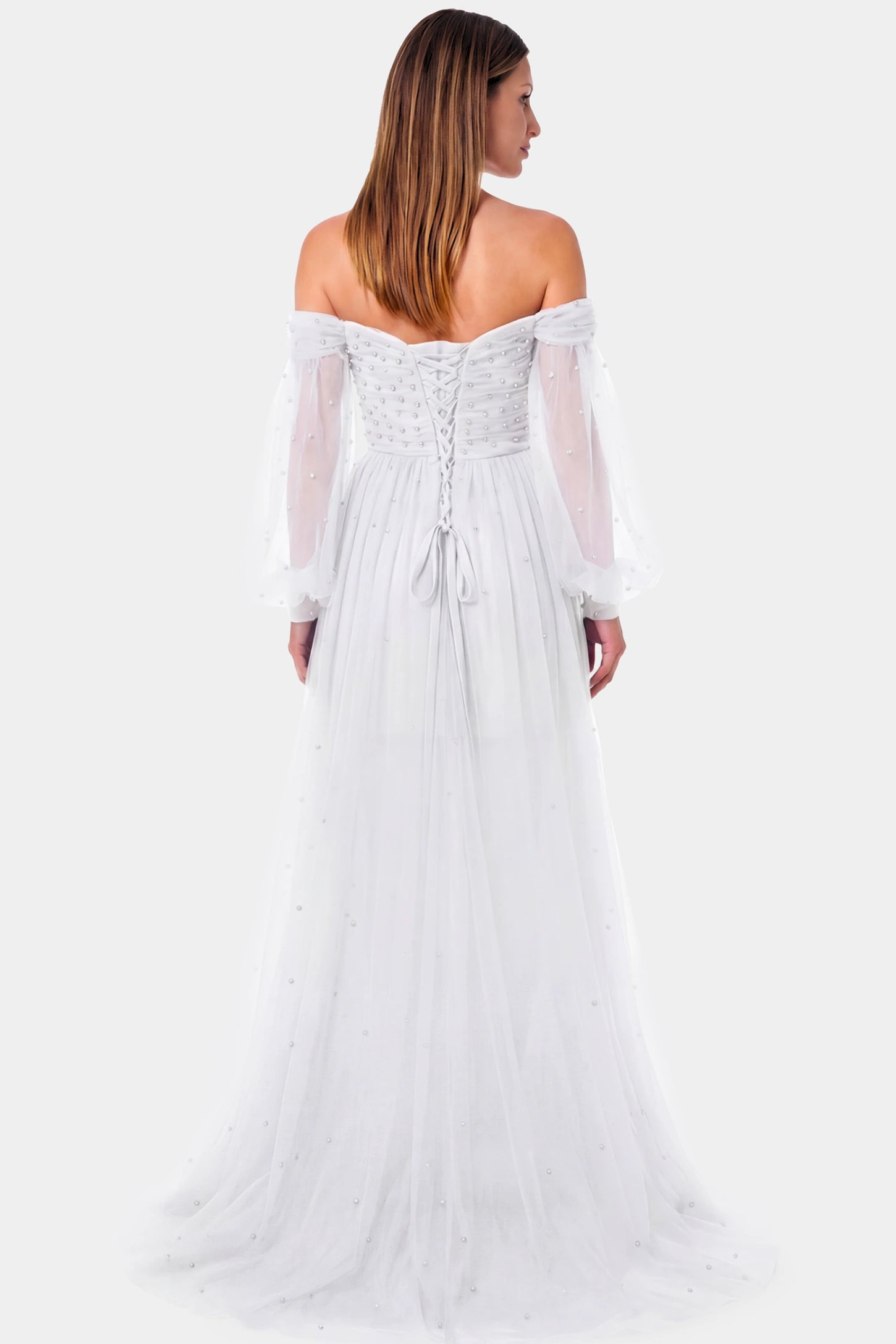 Off-Shoulder Empire Waist Maternity Gown Off-Shoulder Empire Waist Maternity Gown in white featuring a sweetheart neckline and flowy A-line silhouette on a pregnant model.
