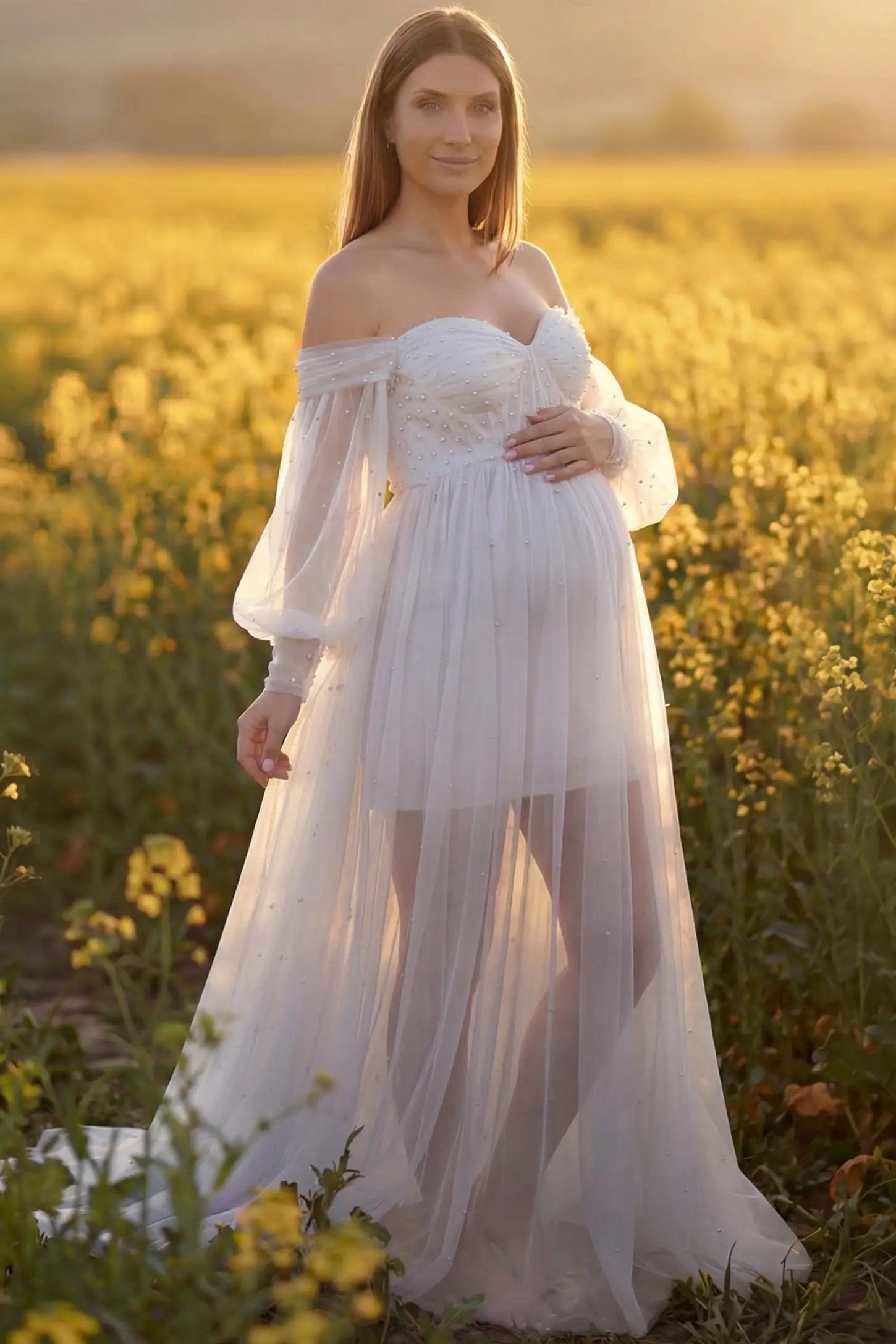 Off-Shoulder Empire Waist Maternity Gown Off-Shoulder Empire Waist Maternity Gown in white featuring a sweetheart neckline and flowy A-line silhouette on a pregnant model, front view.