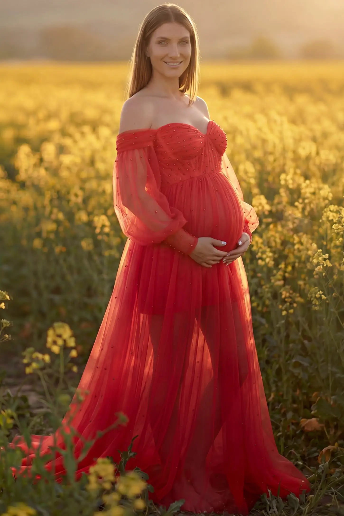 Off-Shoulder Empire Waist Maternity Gown Off-Shoulder Empire Waist Maternity Gown in red featuring a sweetheart neckline and flowy A-line silhouette on a pregnant model, front view.