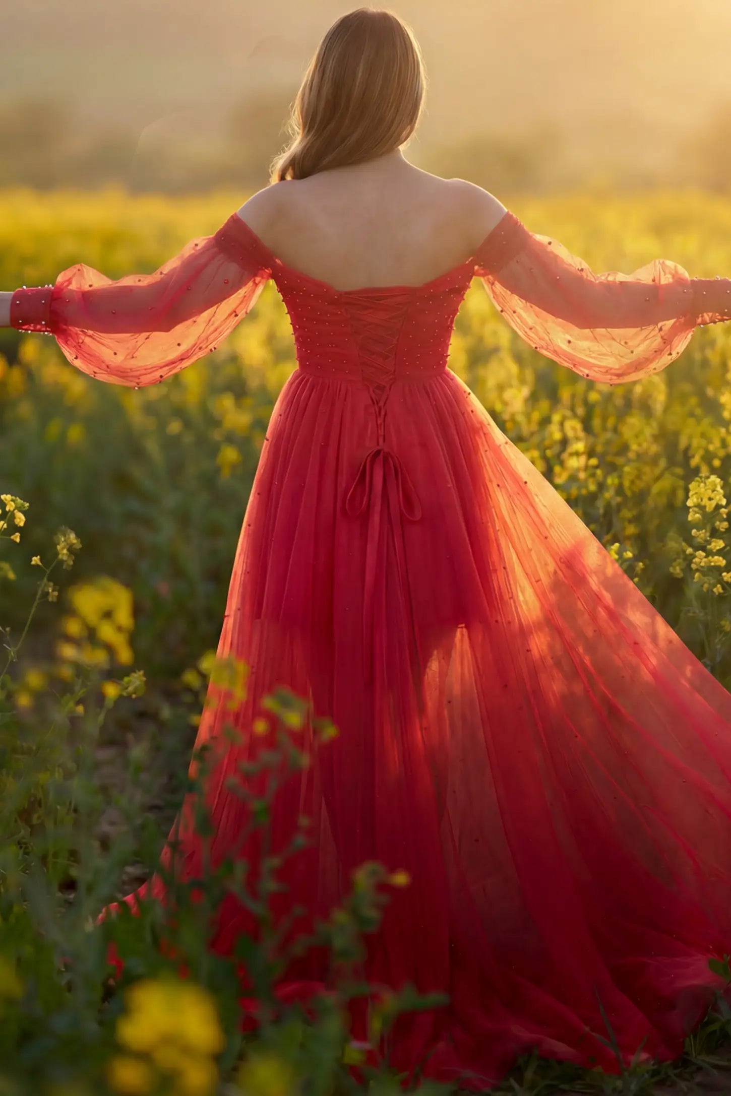 Off-Shoulder Empire Waist Maternity Gown Off-Shoulder Empire Waist Maternity Gown in red featuring a sweetheart neckline and flowy A-line silhouette on a pregnant model, back view.