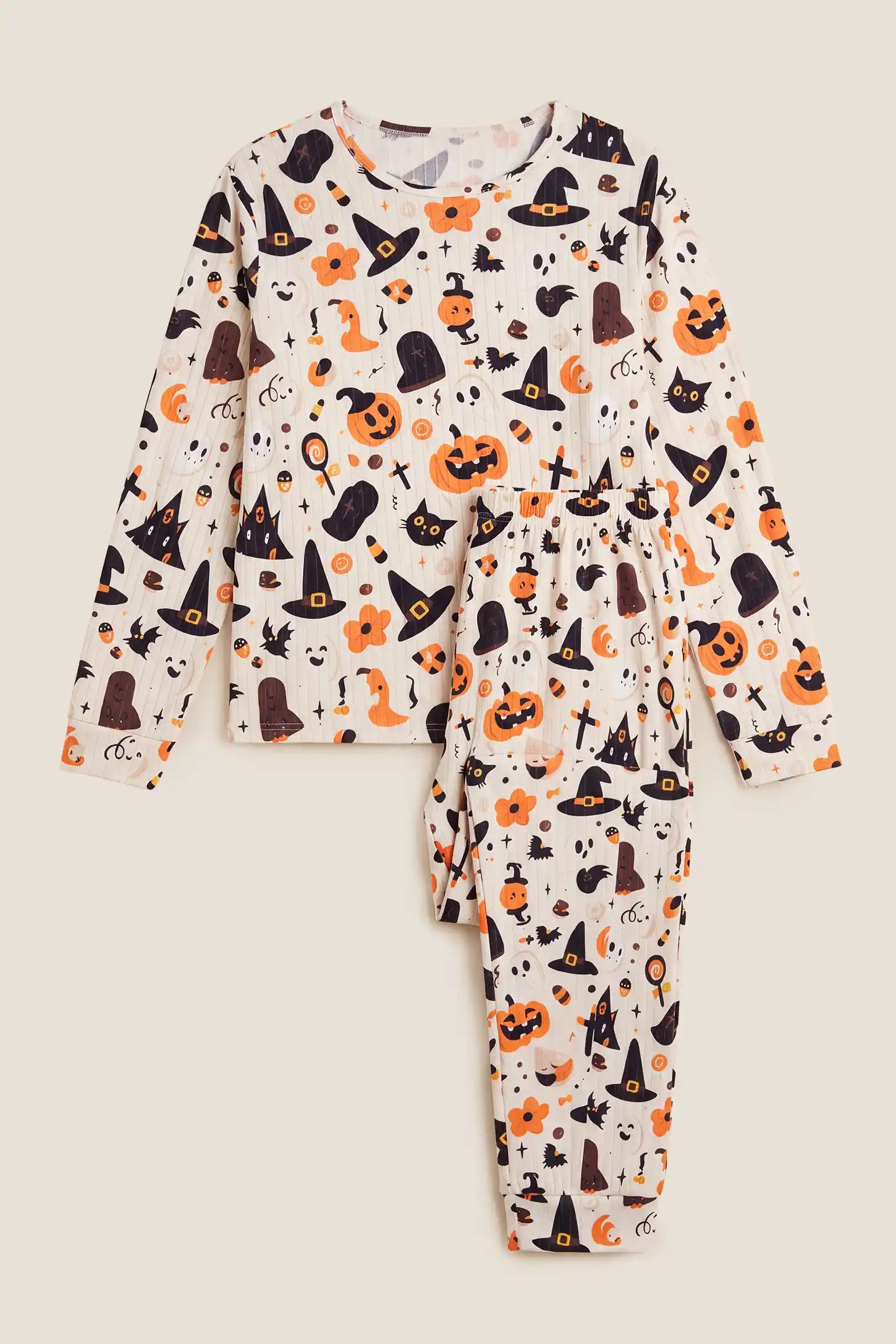 Pumpkin & Ghost Print Soft Knit Maternity Sleep Set Pumpkin & Ghost Print Soft Knit Maternity Sleep Set in Whimsical Halloween featuring long sleeve top, relaxed fit trousers, accommodating bump design, and cozy loungewear style, flat lay view.